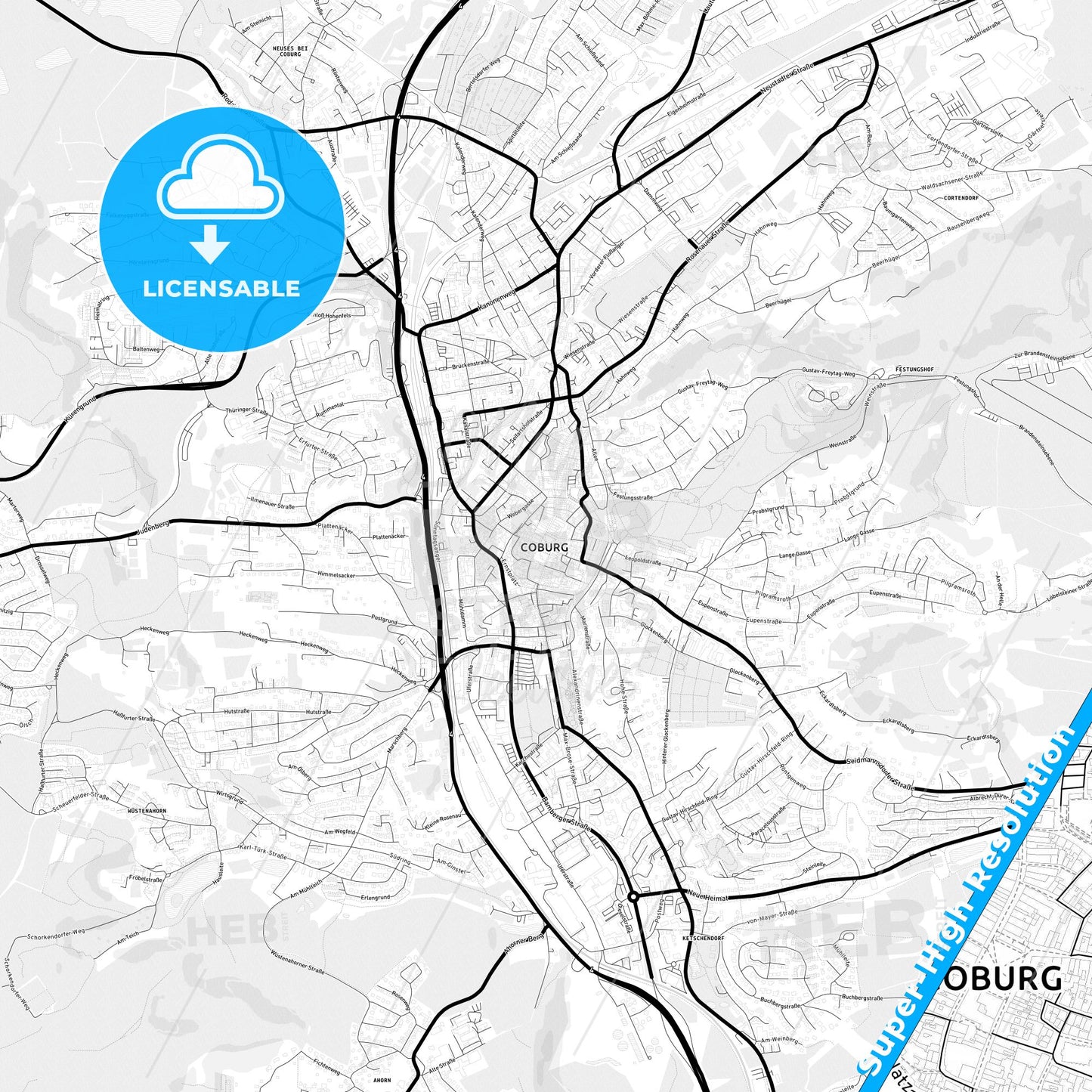 Coburg, Germany Light Map with Street Names, City Names, and Districts