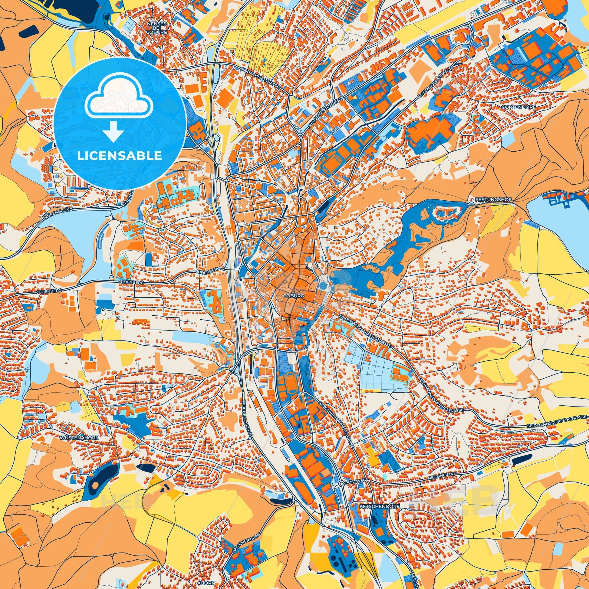 Colorful Coburg Street Map with Labels and Buildings