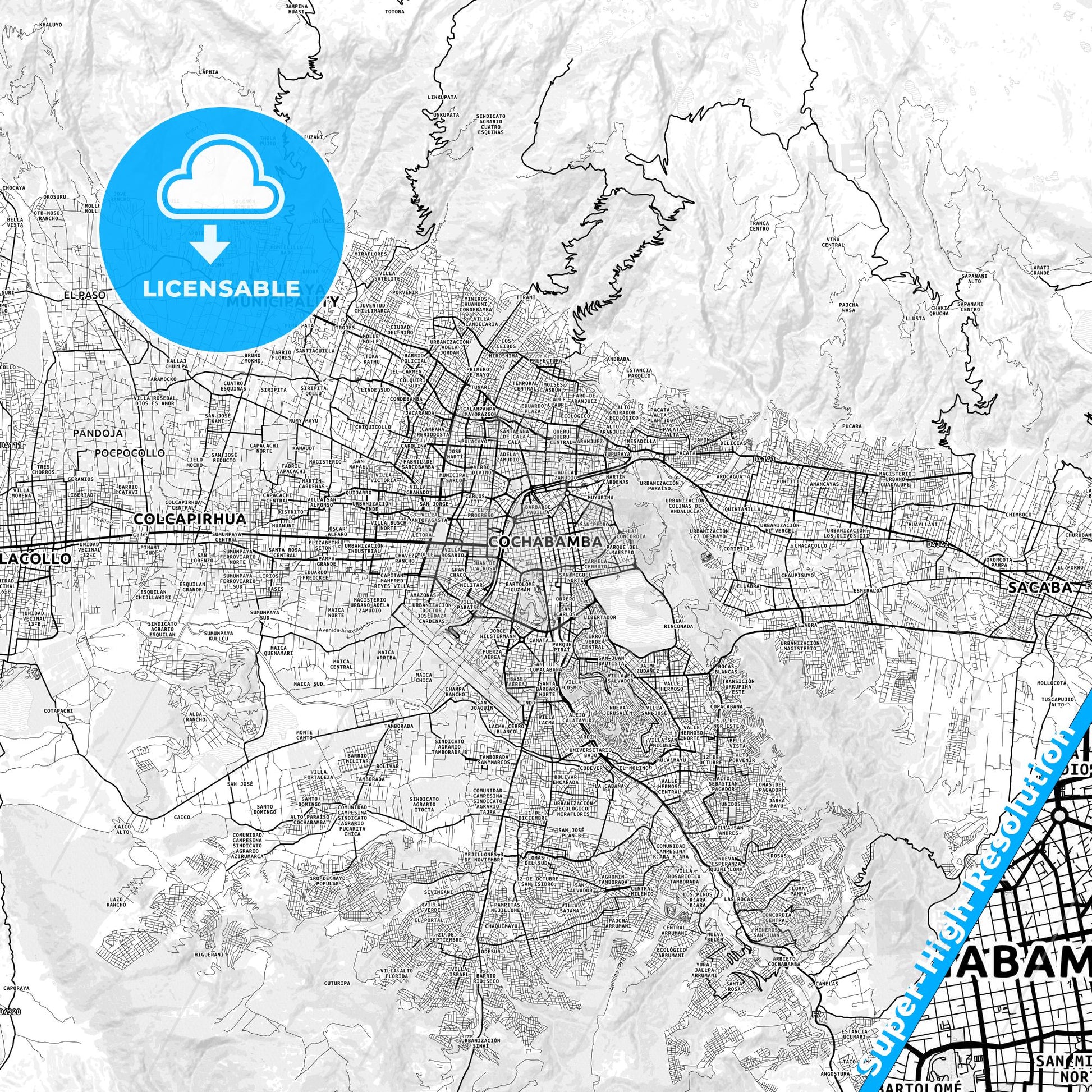 Cochabamba, Bolivia light map with streetnames, citynames and districts