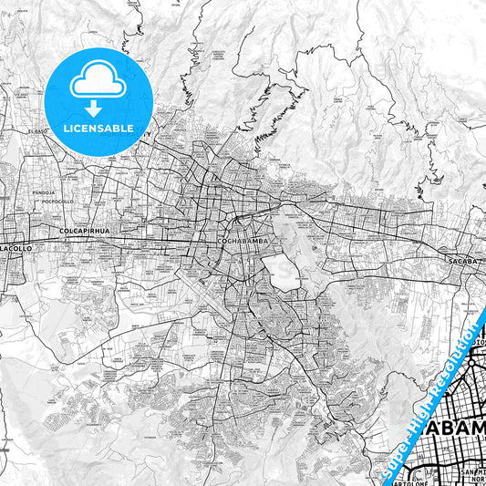 Cochabamba, Bolivia light map with streetnames, citynames and districts