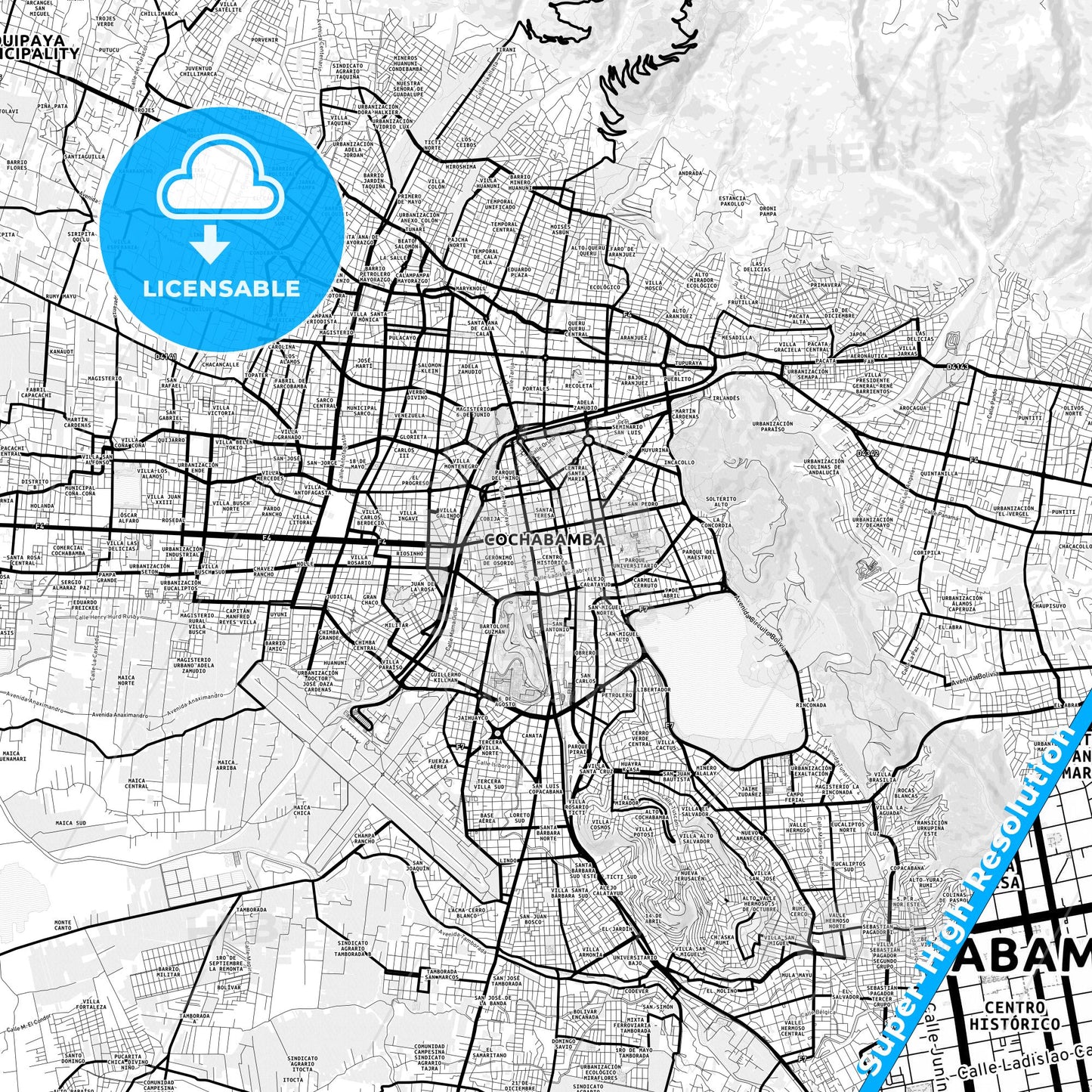 Cochabamba, Bolivia Light Map with Street Names, City Names, and Districts