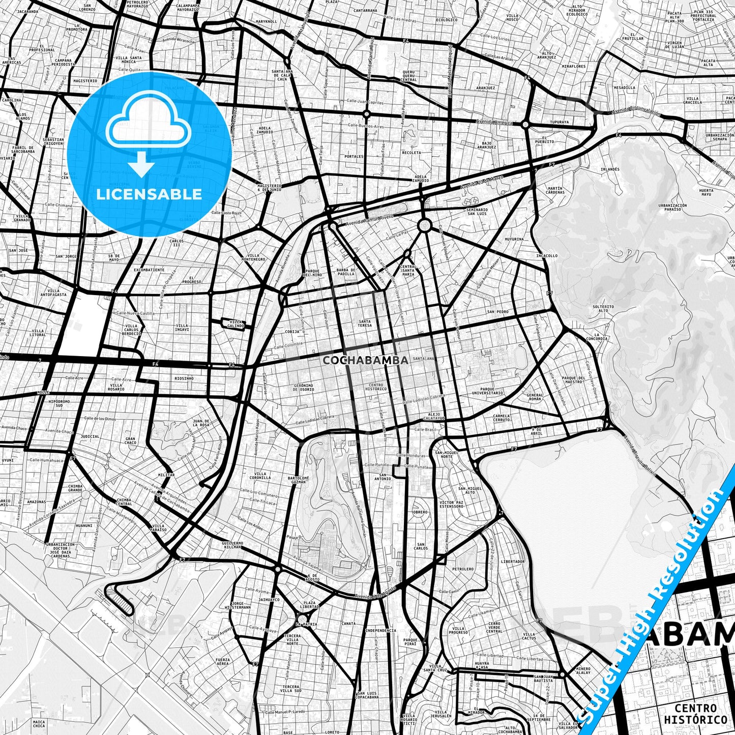 Cochabamba, Bolivia Light Map with Street Names, City Names, and Districts