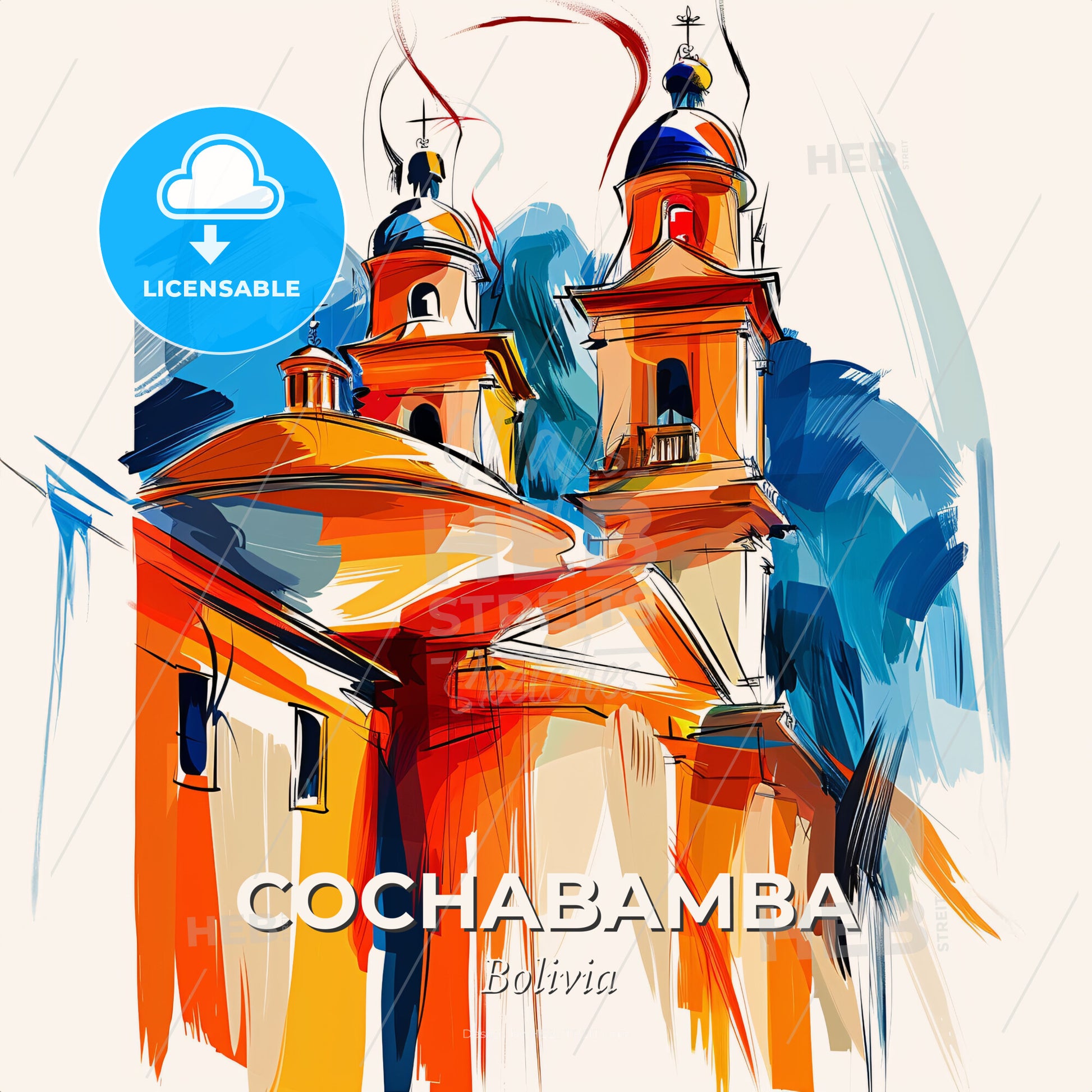 Vibrant Cochabamba, Bolivia - A Painting Of A Skyline With A Colorful Building - Square format print template