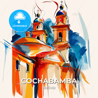 Vibrant Cochabamba, Bolivia - A Painting Of A Skyline With A Colorful Building - Square format print template