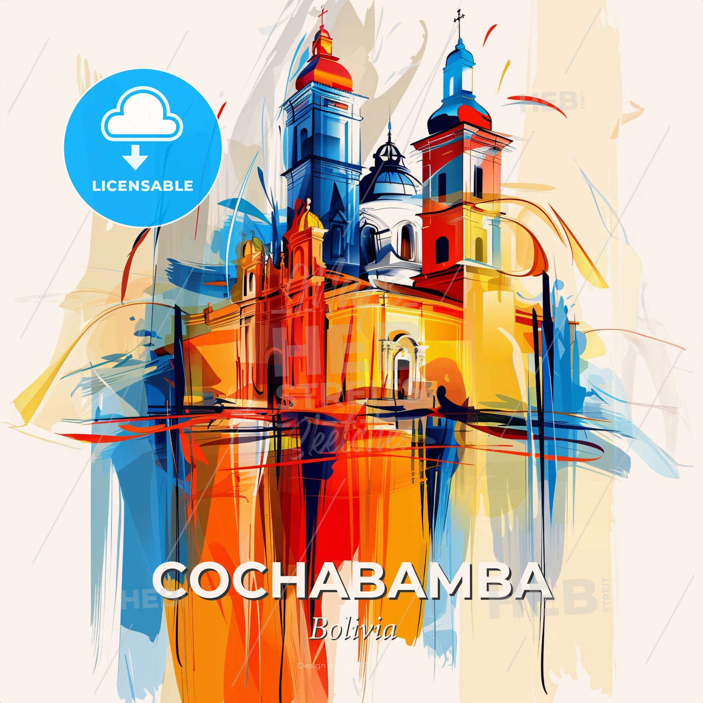 Vibrant Cochabamba, Bolivia - A Painting Of A Skyline With A Colorful Building - Square format print template