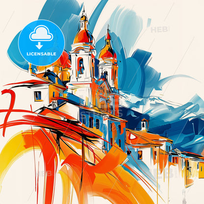 Vibrant Cochabamba, Bolivia - A Painting Of A Skyline With A Colorful Building