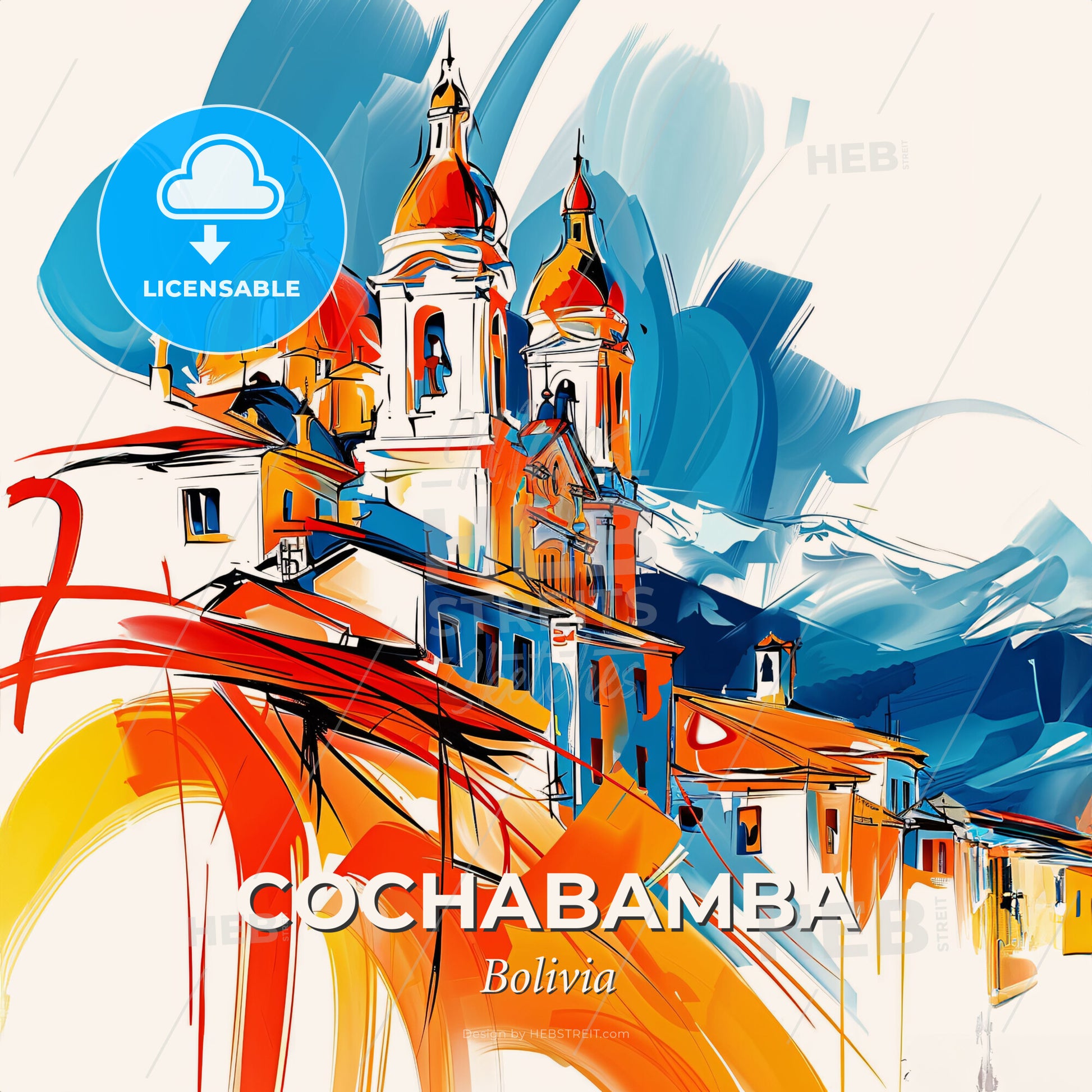 Vibrant Cochabamba, Bolivia - A Painting Of A Skyline With A Colorful Building - Square format print template