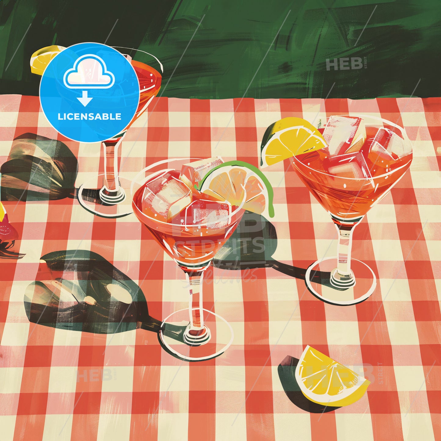 cocktails on a white checkered tablecloth - A group of glasses with drinks on a table