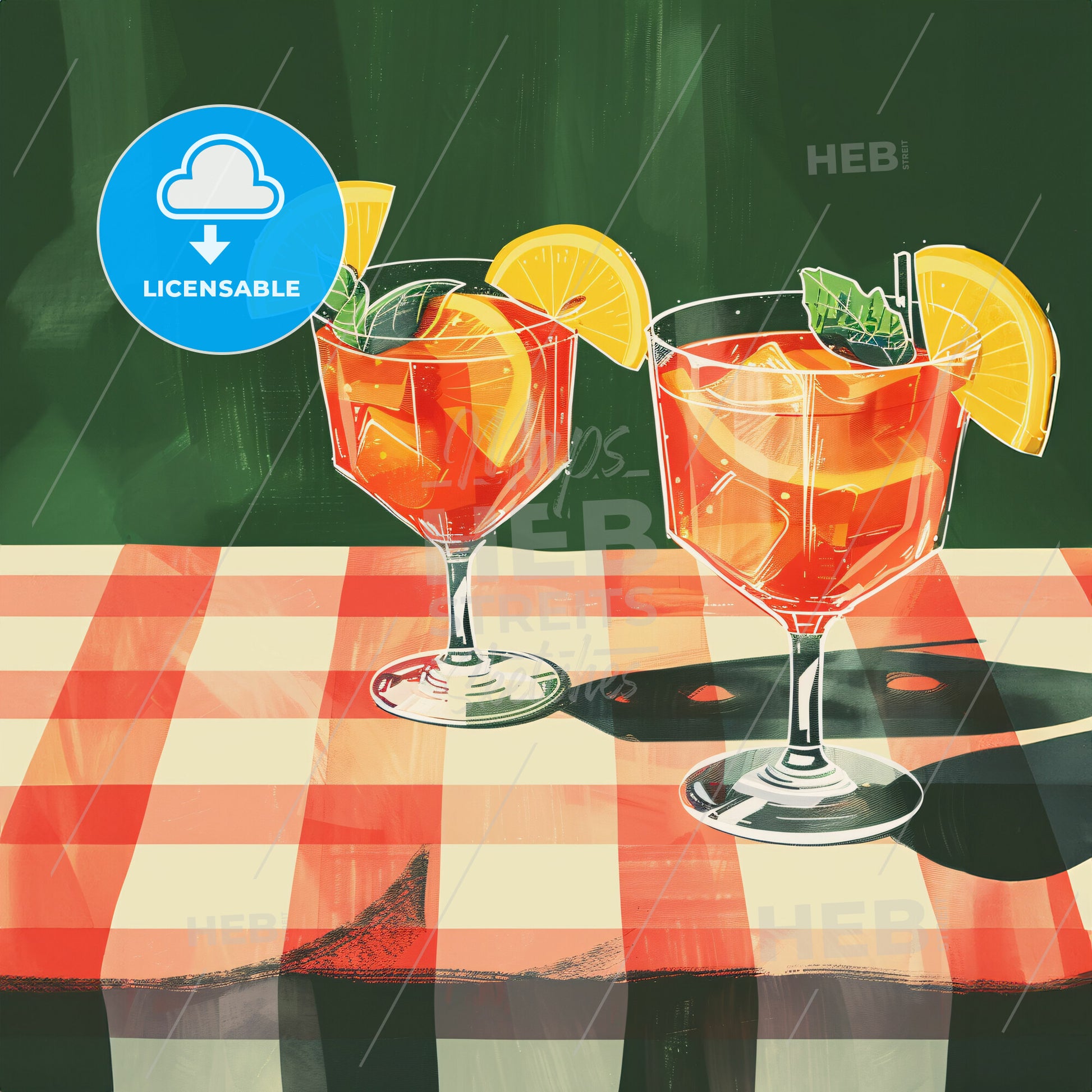 cocktails on a white checkered tablecloth - Two glasses of orange juice on a checkered tablecloth