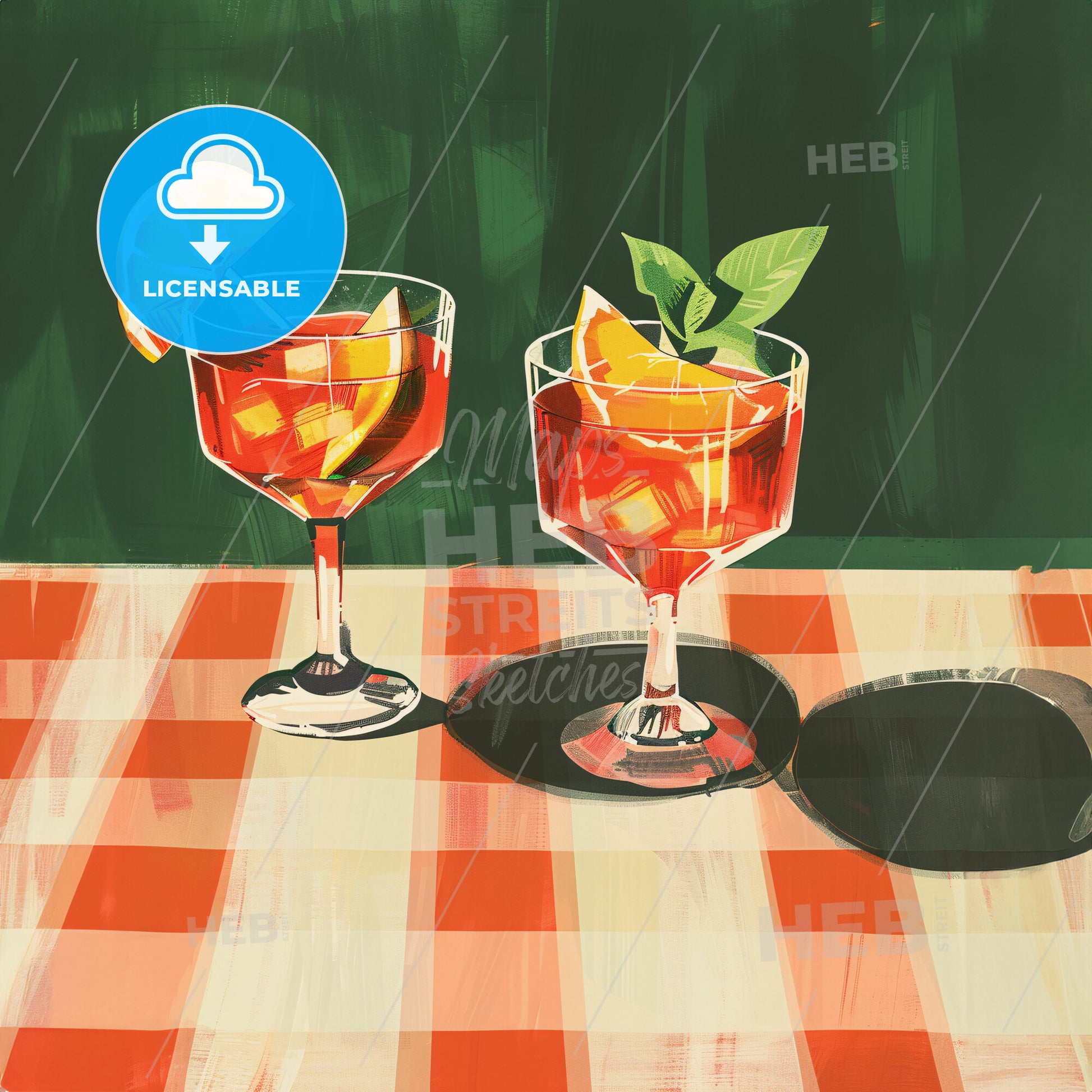 cocktails on a white checkered tablecloth - Two glasses of red liquid with orange slices and leaves on a checkered tablecloth