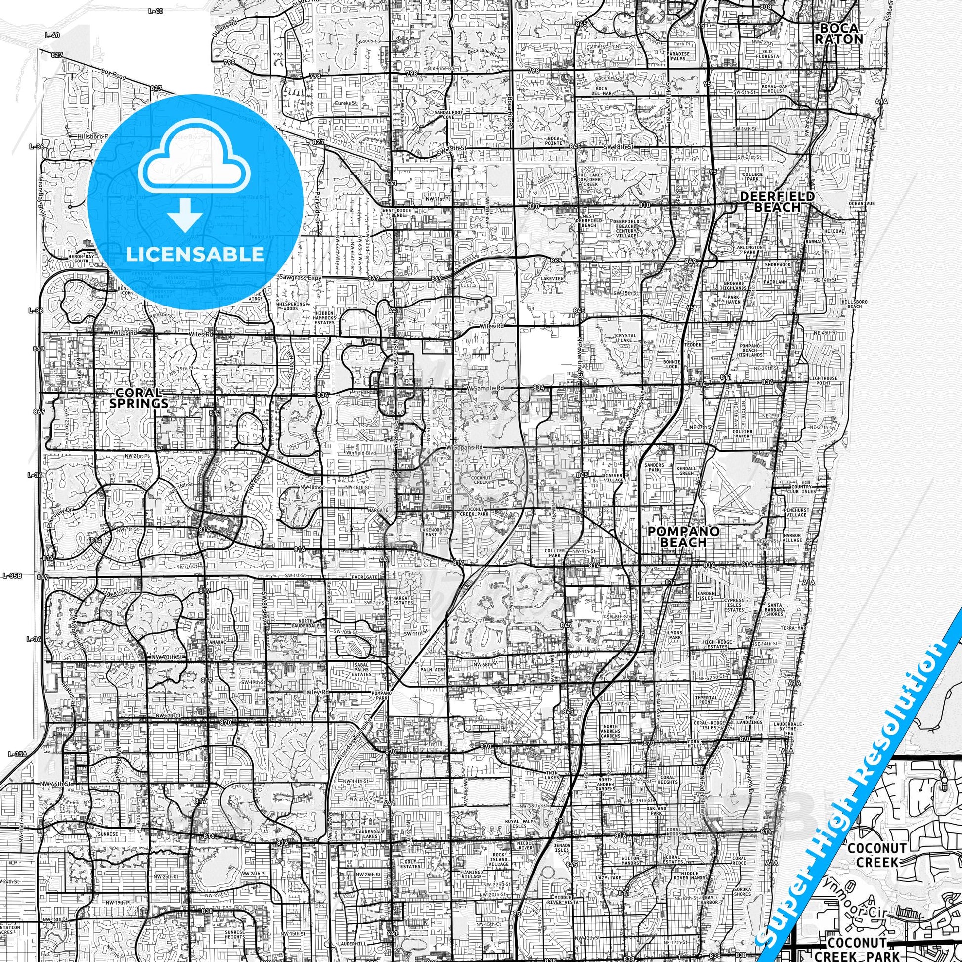 Coconut Creek, Florida light map with streetnames, citynames and districts