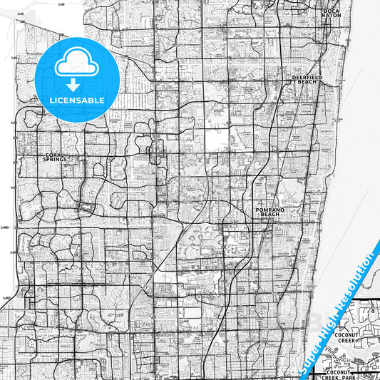 Coconut Creek, Florida light map with streetnames, citynames and districts