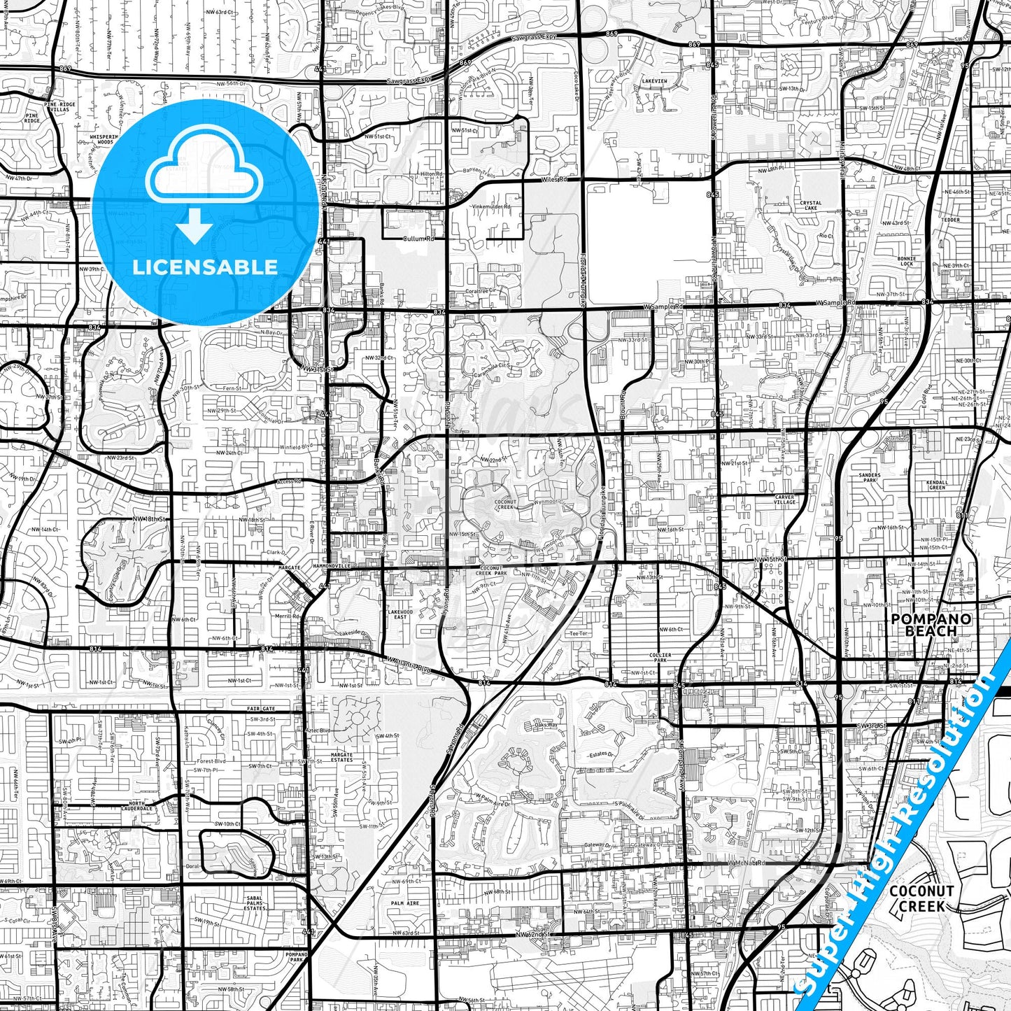 Coconut Creek, Florida Light Map with Street Names, City Names, and Districts
