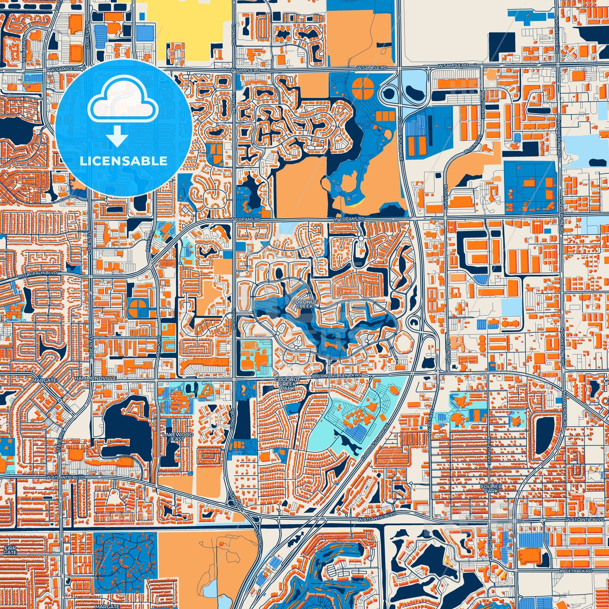 Colorful Coconut Creek Street Map With Labels And Buildings – HEBSTREITS