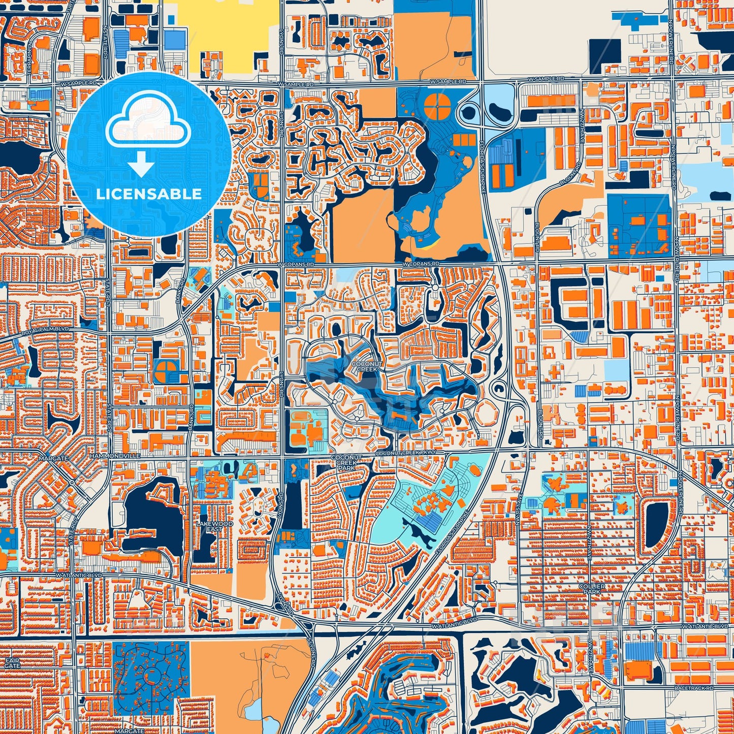 Colorful Coconut Creek Street Map with Labels and Buildings