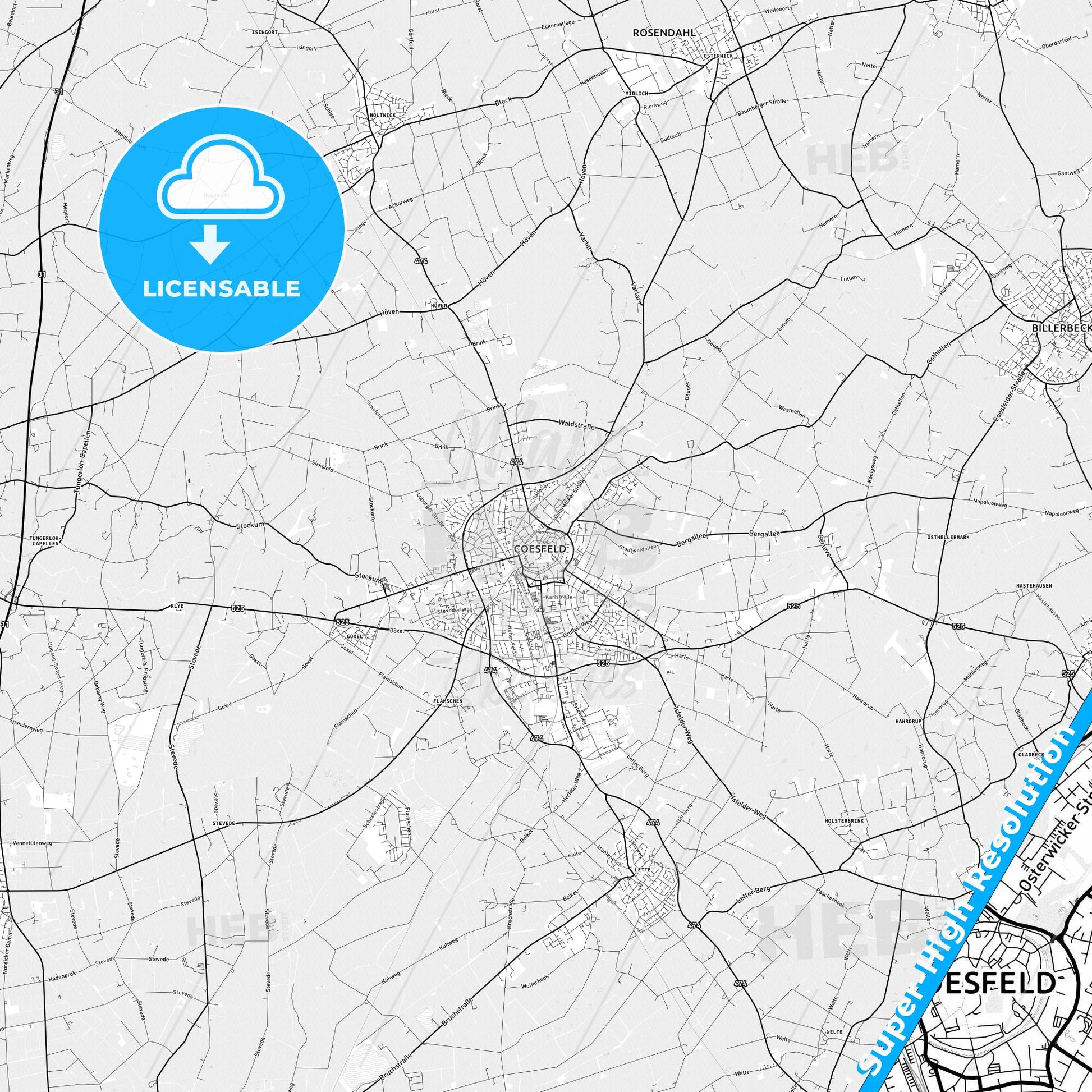 Coesfeld, Germany light map with streetnames, citynames and districts