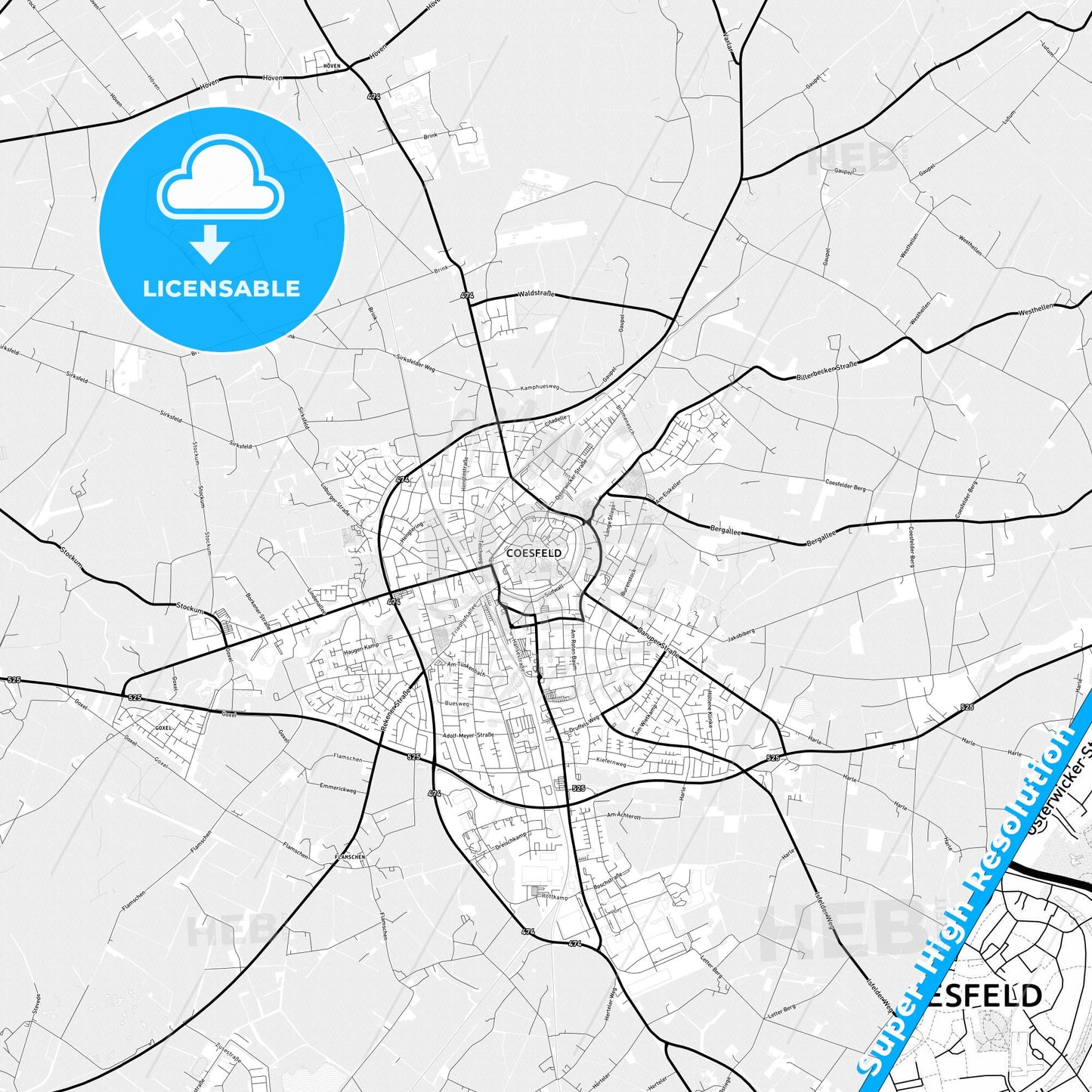 Coesfeld, Germany Light Map with Street Names, City Names, and Districts