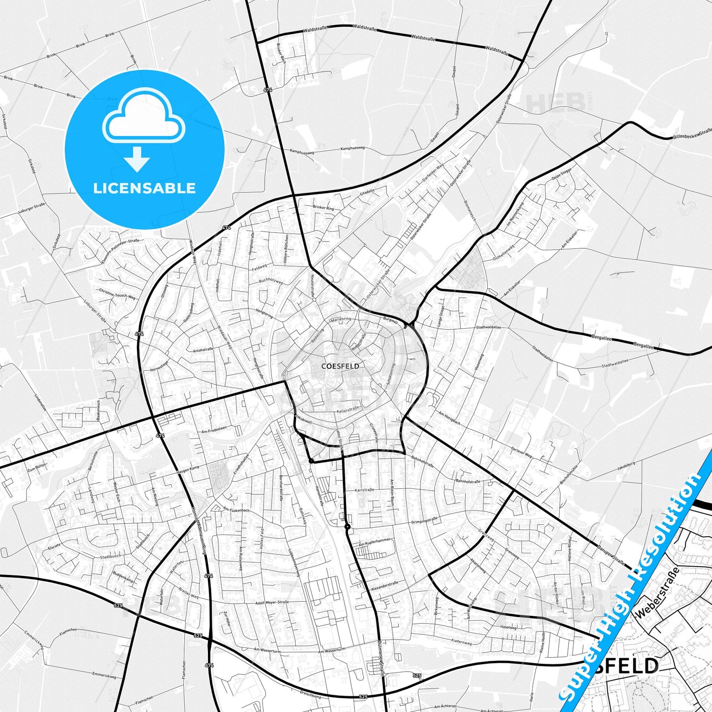Coesfeld, Germany Light Map with Street Names, City Names, and Districts