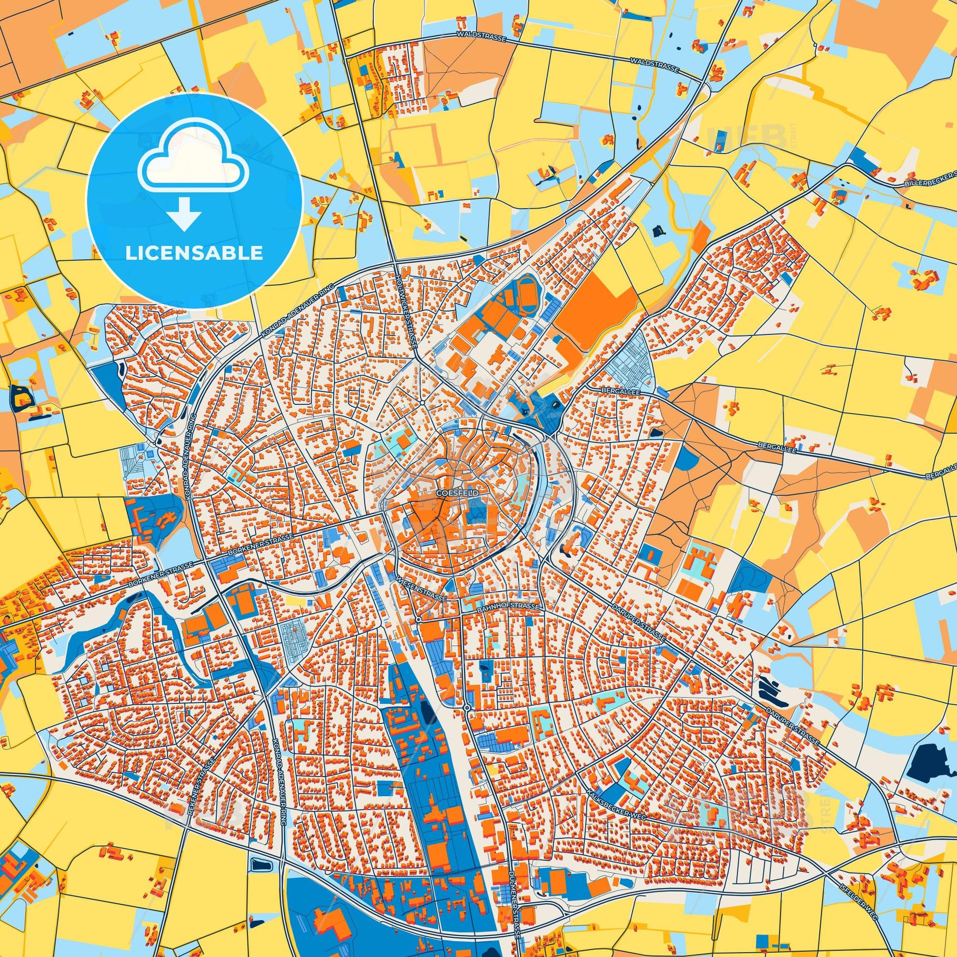 Colorful Coesfeld Street Map with Labels and Buildings