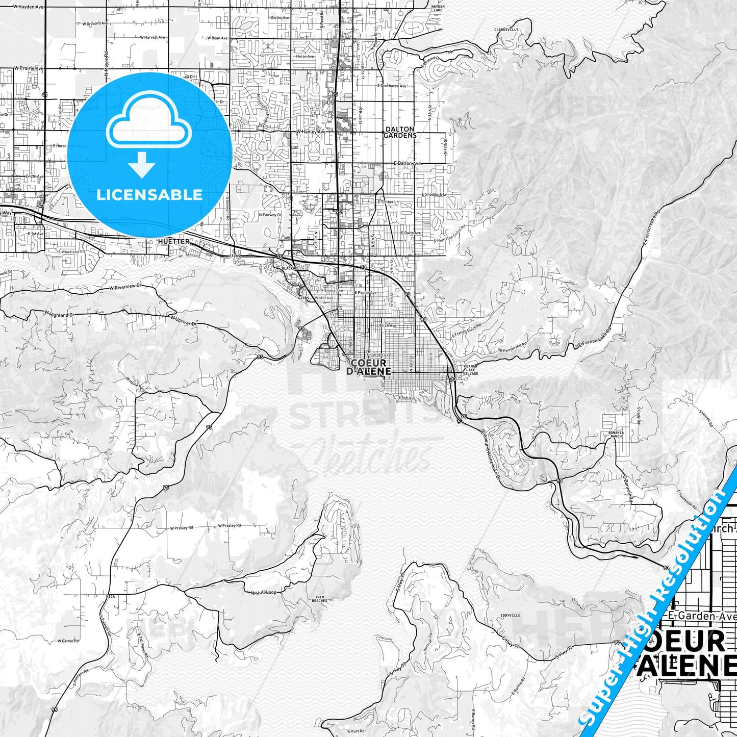 Coeur d Alene, Idaho light map with streetnames, citynames and districts