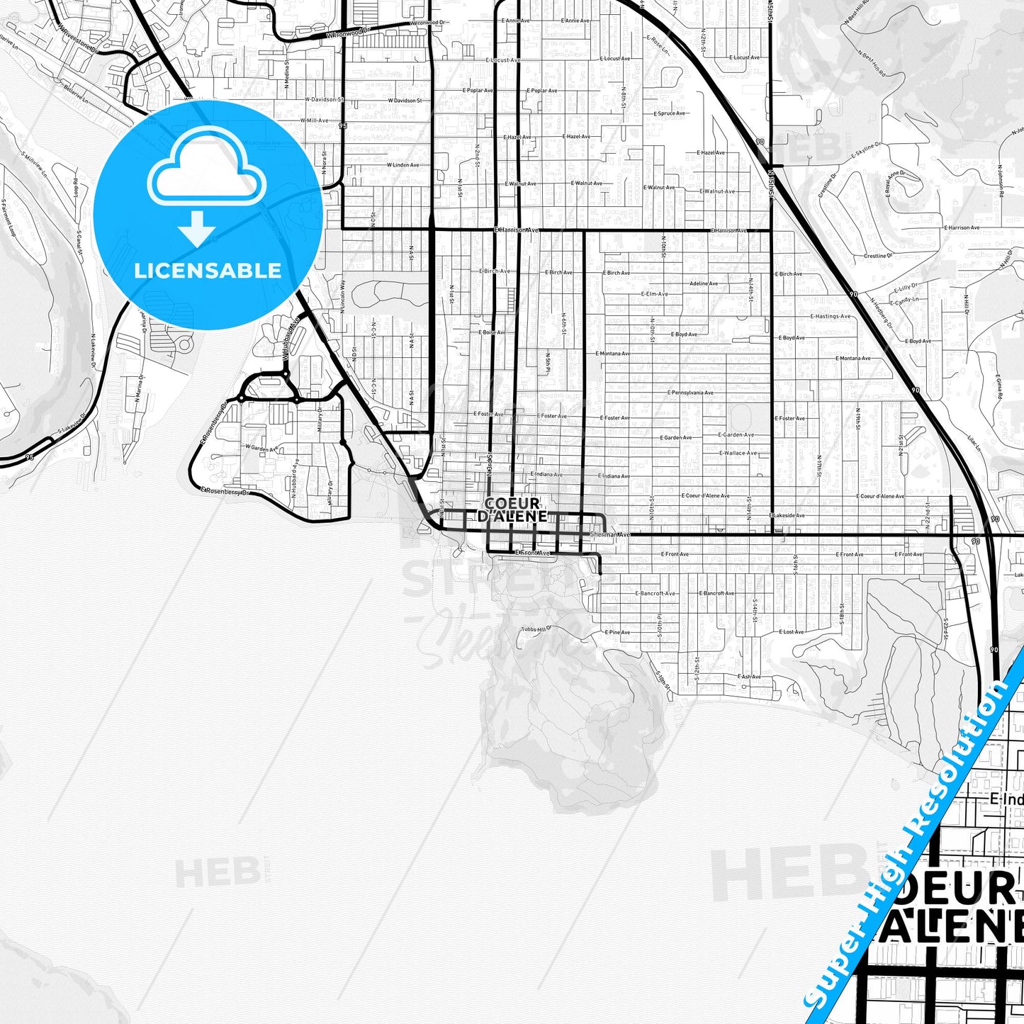 Coeur d Alene, Idaho Light Map with Street Names, City Names, and Districts