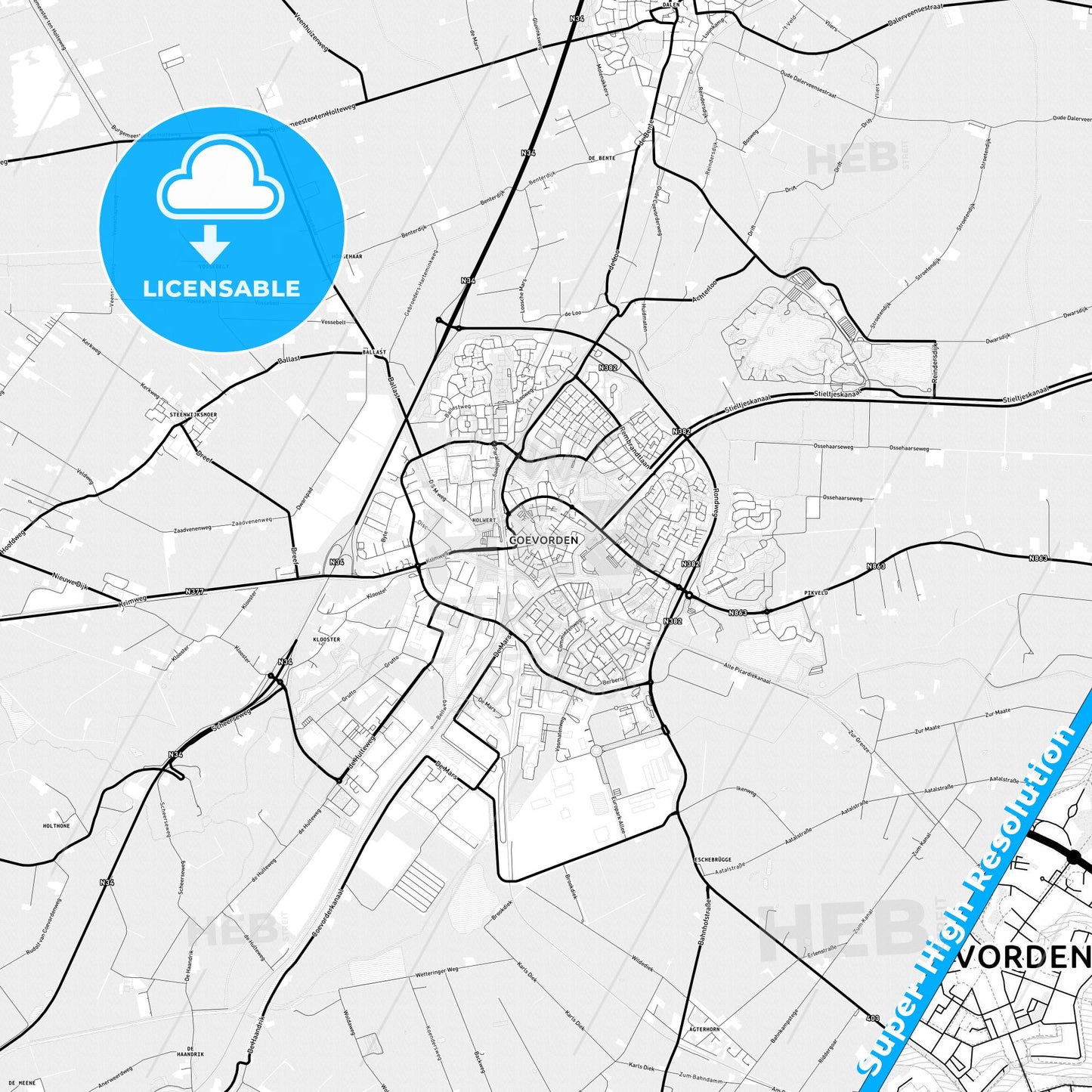 Coevorden, Netherlands Light Map with Street Names, City Names, and Districts