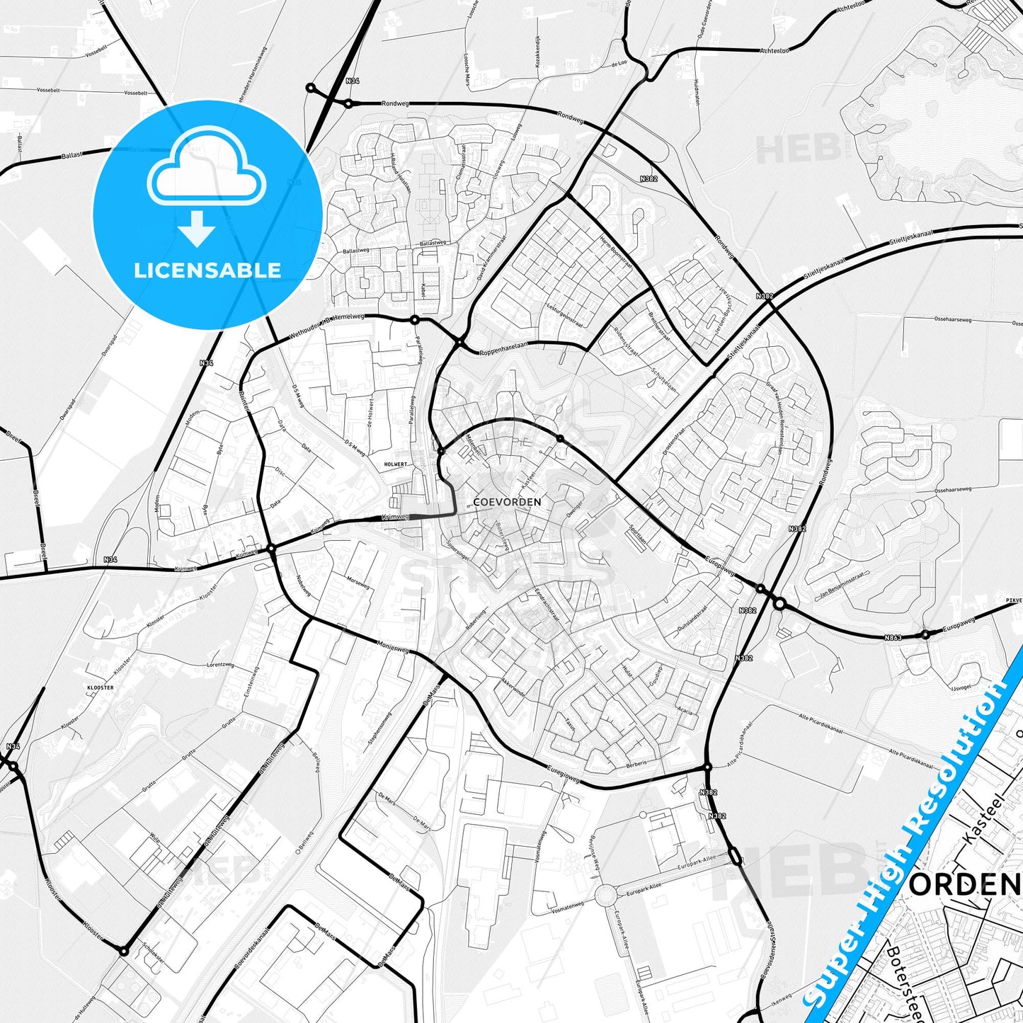 Coevorden, Netherlands Light Map with Street Names, City Names, and Districts