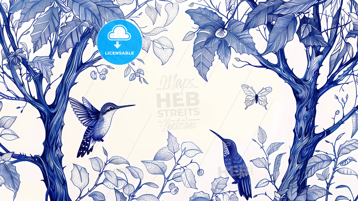 Blue and White Coffee Trees Hummingbirds Painting - Vibrant Art with Birds and Butterflies