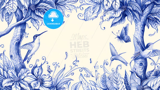 Vibrant Painting of Coffee Trees and Hummingbirds Set in a Blue and White Floral Border