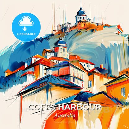 Vibrant Coffs Harbour, Australia - A Painting Of A Town On A Hill - Square format print template