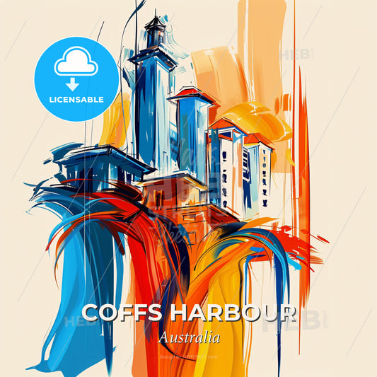 Vibrant Coffs Harbour, Australia - A Painting Of Buildings And Towers - Square format print template