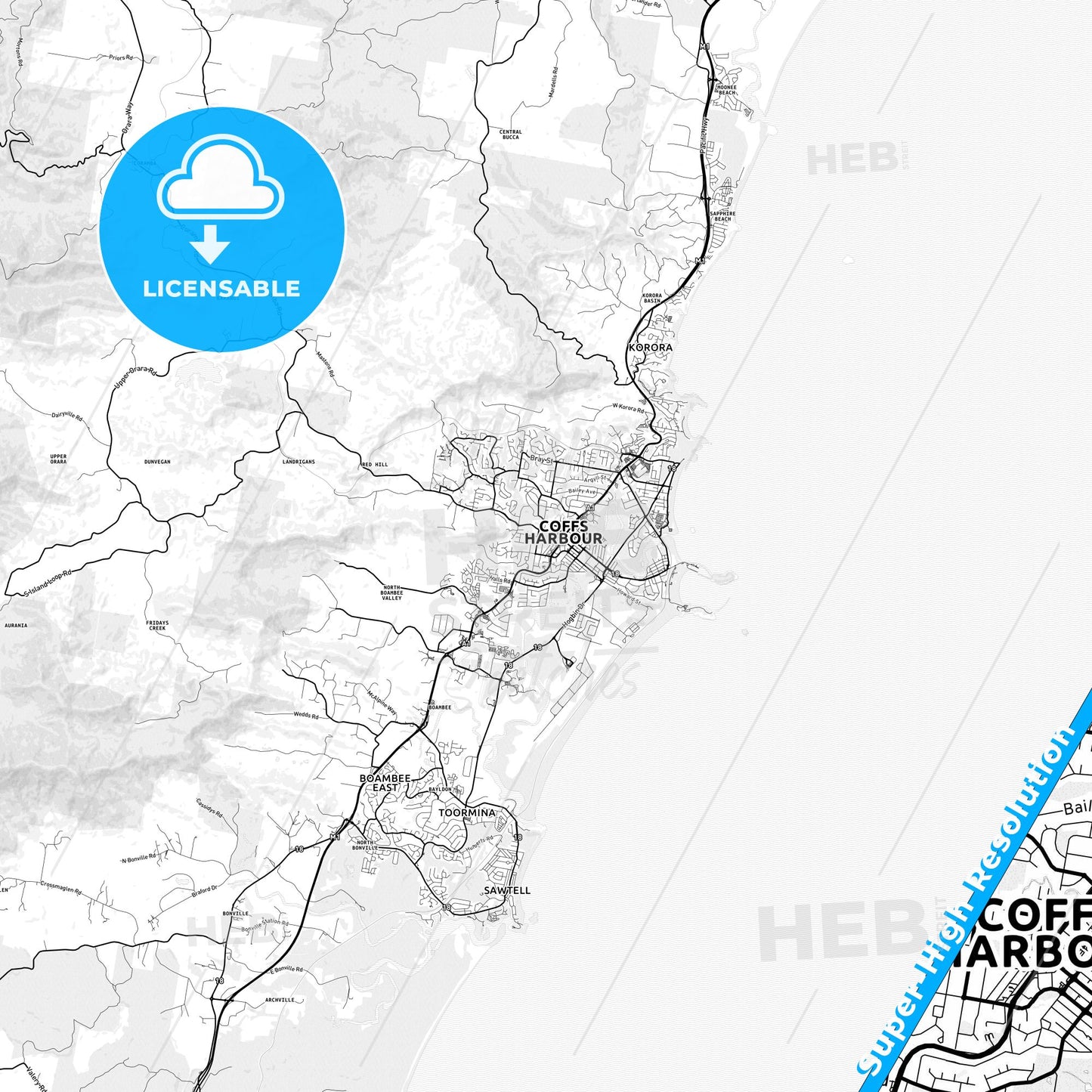 Coffs Harbour, Australia light map with streetnames, citynames and districts