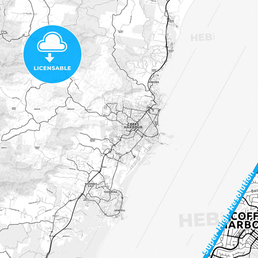 Coffs Harbour, Australia light map with streetnames, citynames and districts