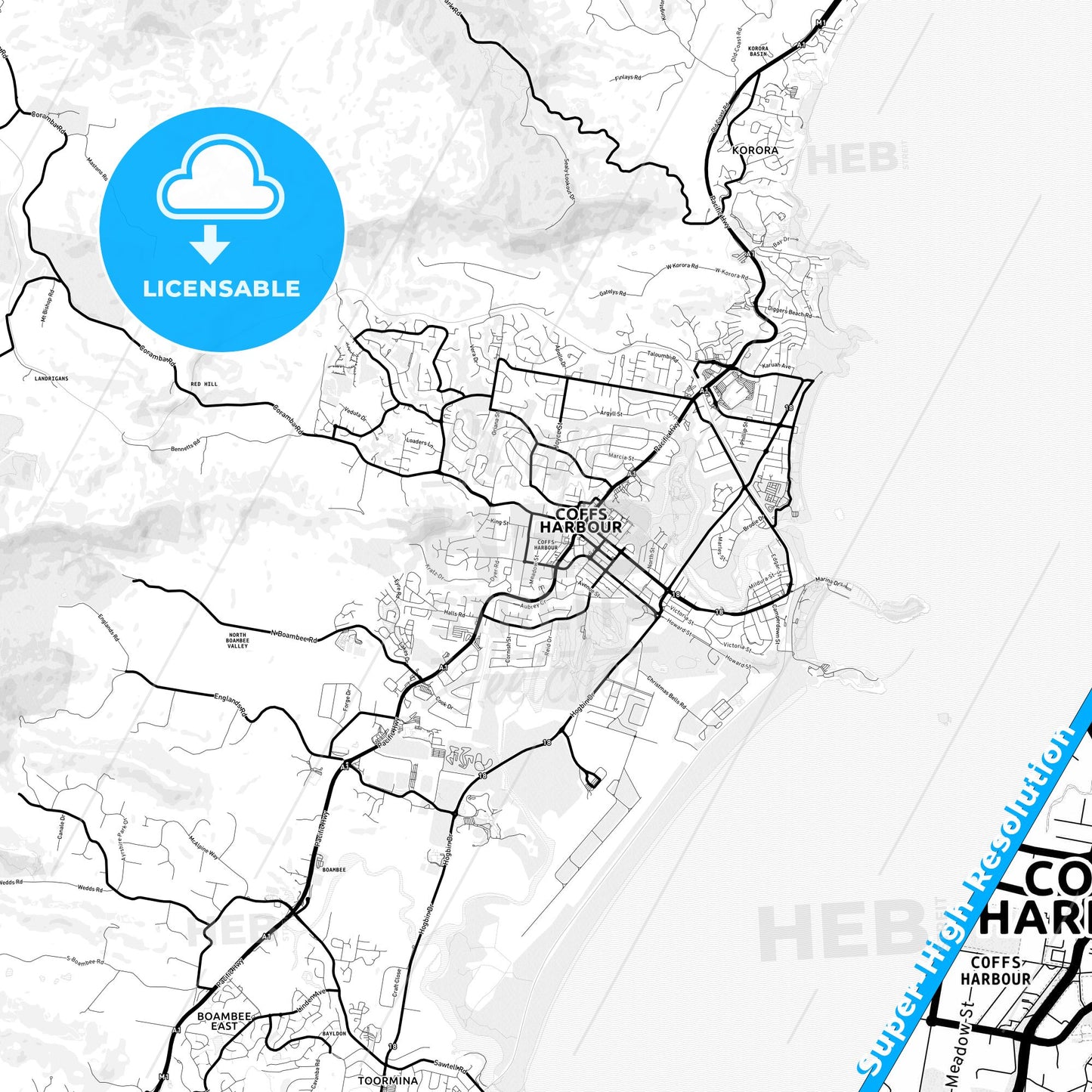 Coffs Harbour, Australia Light Map with Street Names, City Names, and Districts