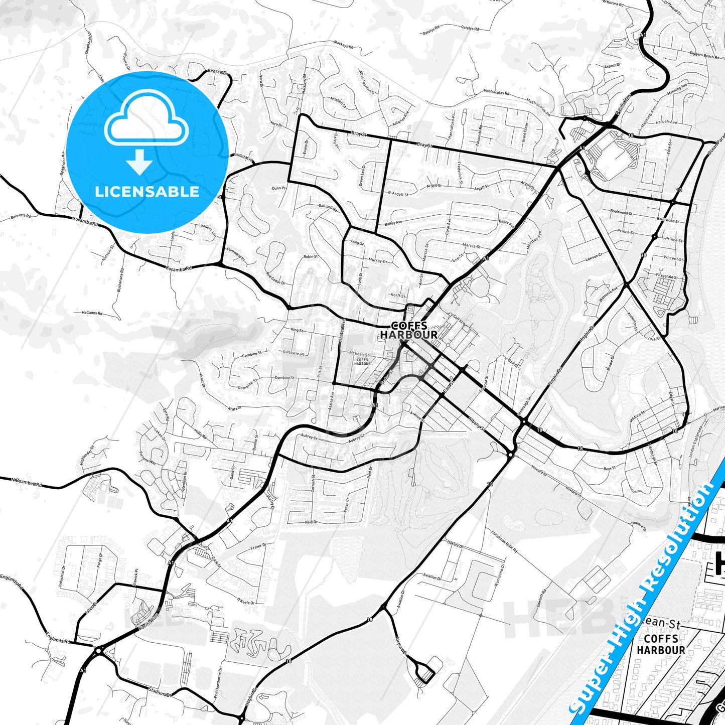 Coffs Harbour, Australia Light Map with Street Names, City Names, and Districts
