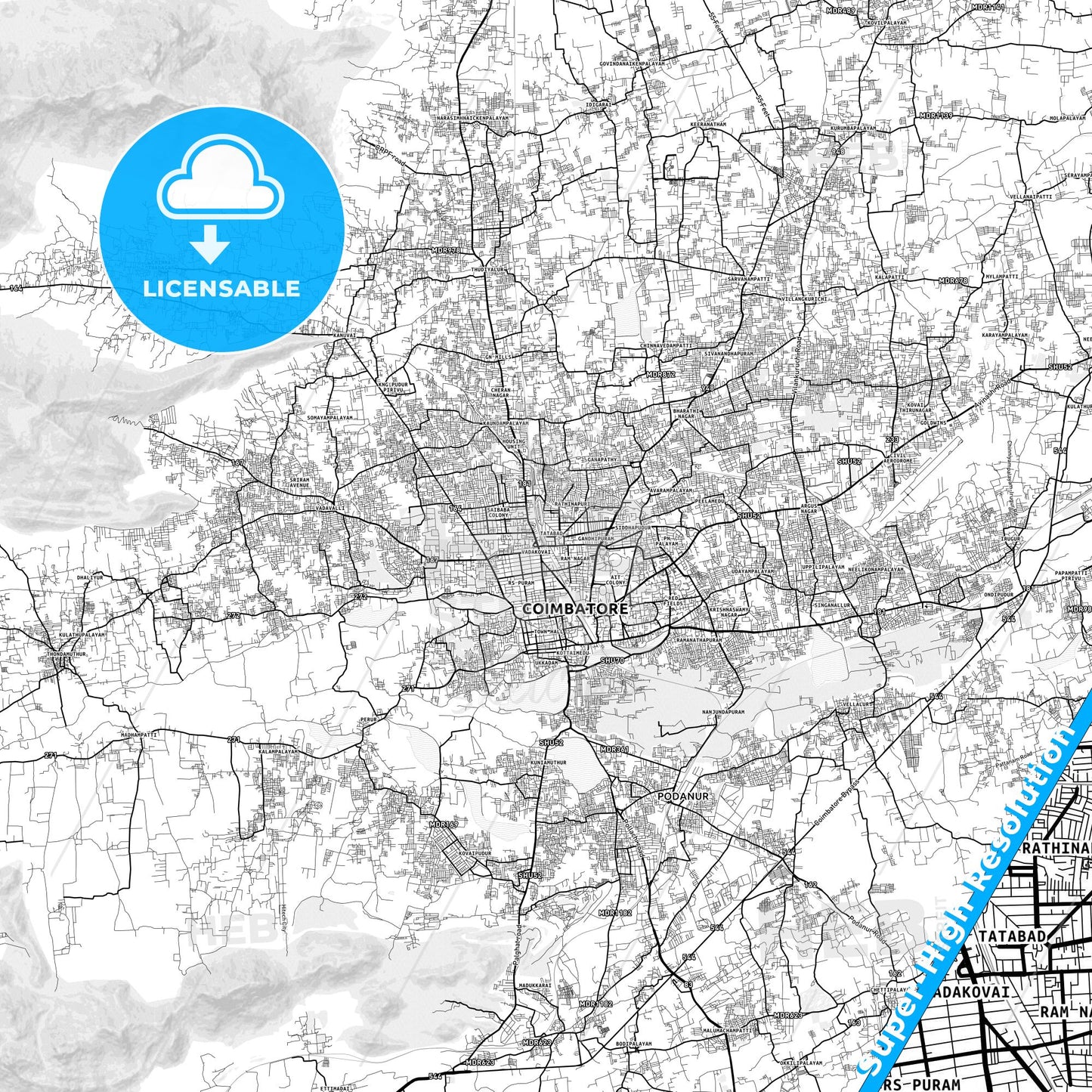 Coimbatore, India light map with streetnames, citynames and districts