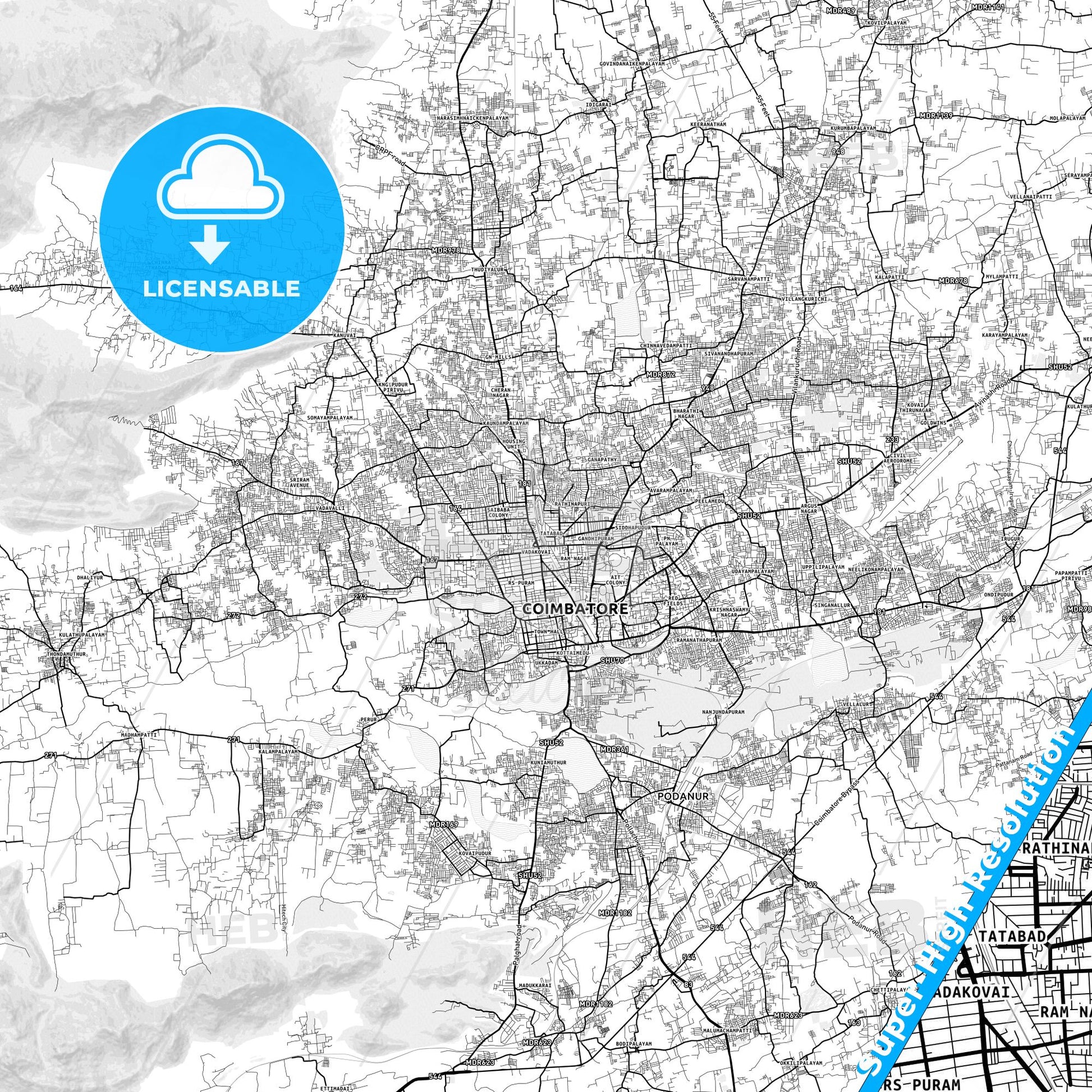 Coimbatore, India light map with streetnames, citynames and districts