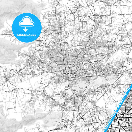 Coimbatore, India light map with streetnames, citynames and districts