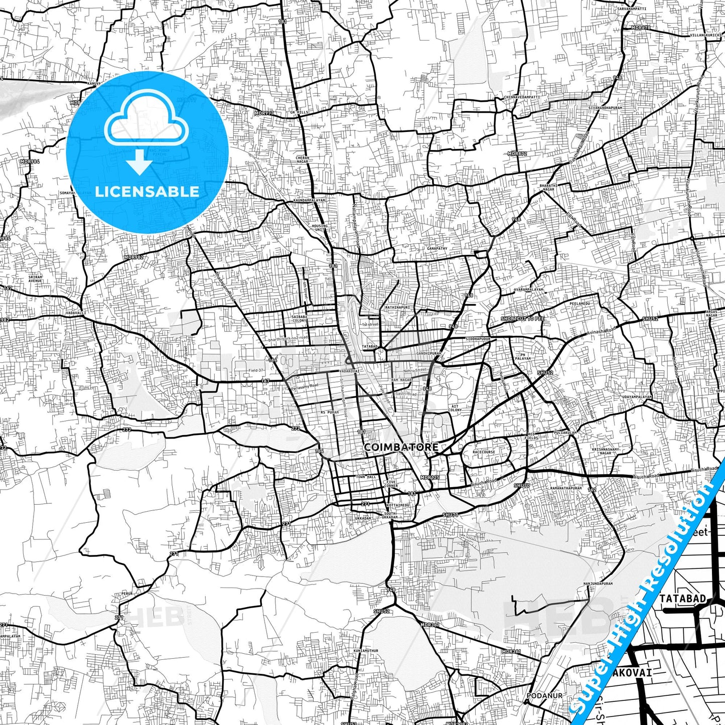 Coimbatore, India Light Map with Street Names, City Names, and Districts