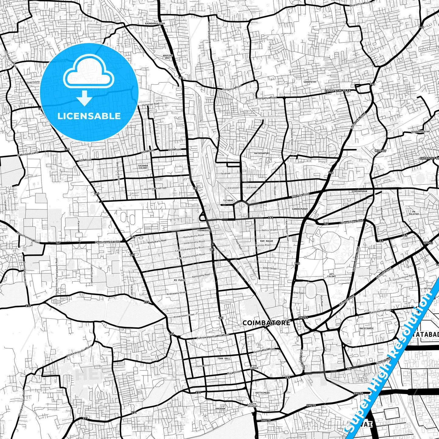 Coimbatore, India Light Map with Street Names, City Names, and Districts