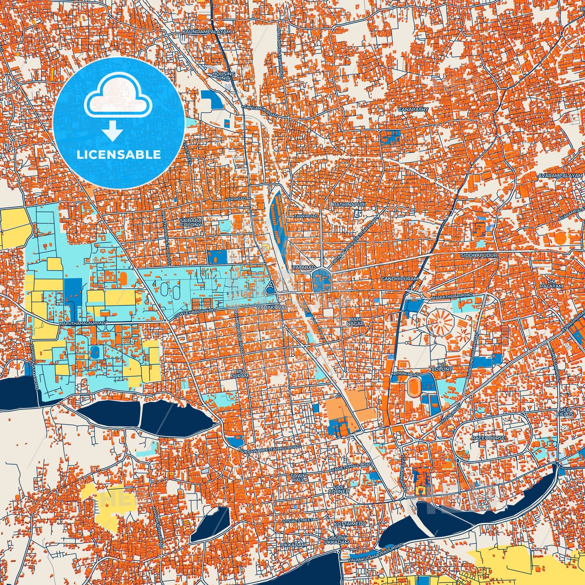 Colorful Coimbatore Street Map with Labels and Buildings