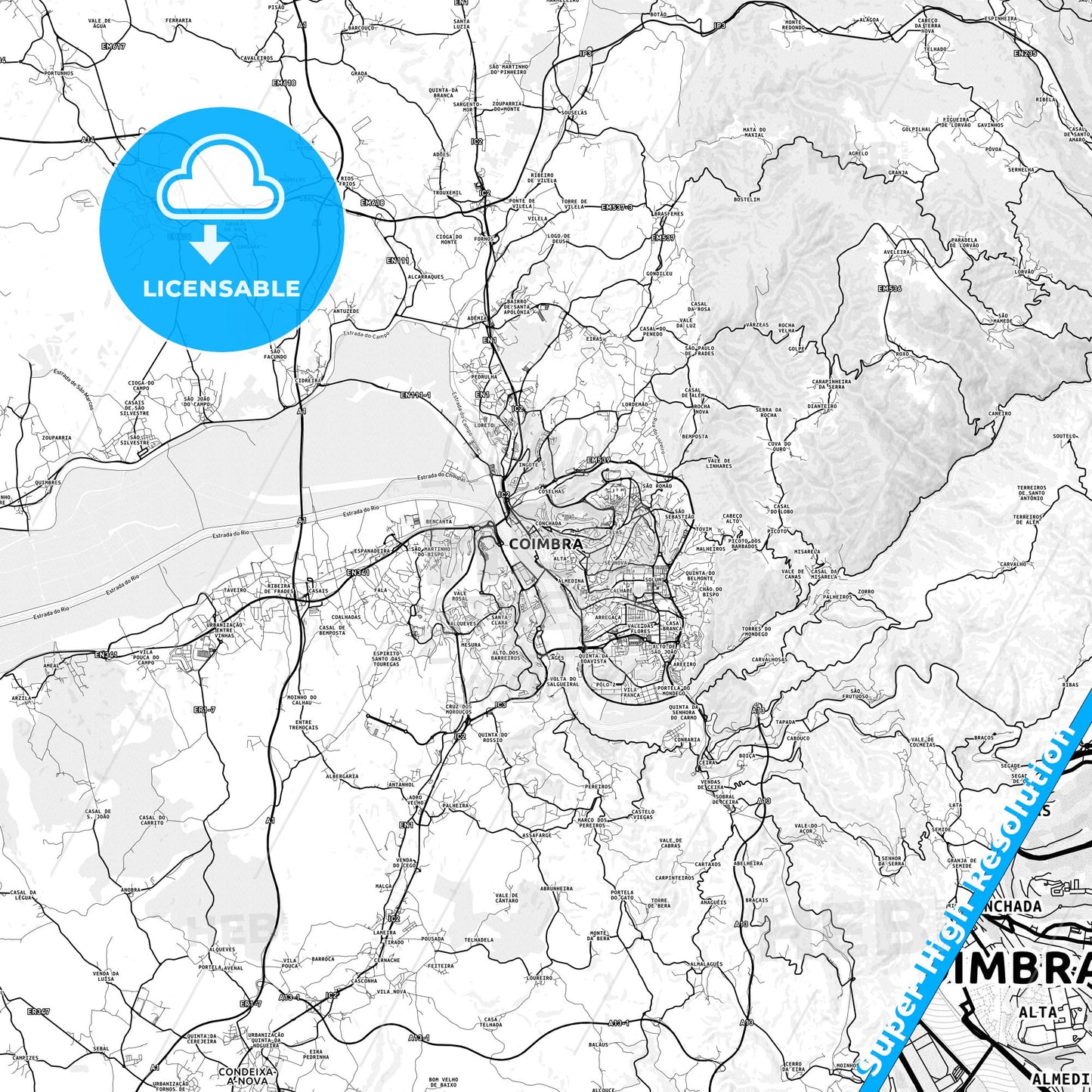 Coimbra, Portugal light map with streetnames, citynames and districts