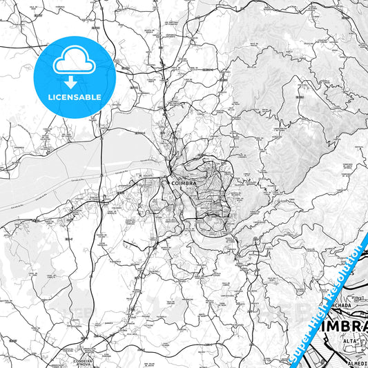 Coimbra, Portugal light map with streetnames, citynames and districts