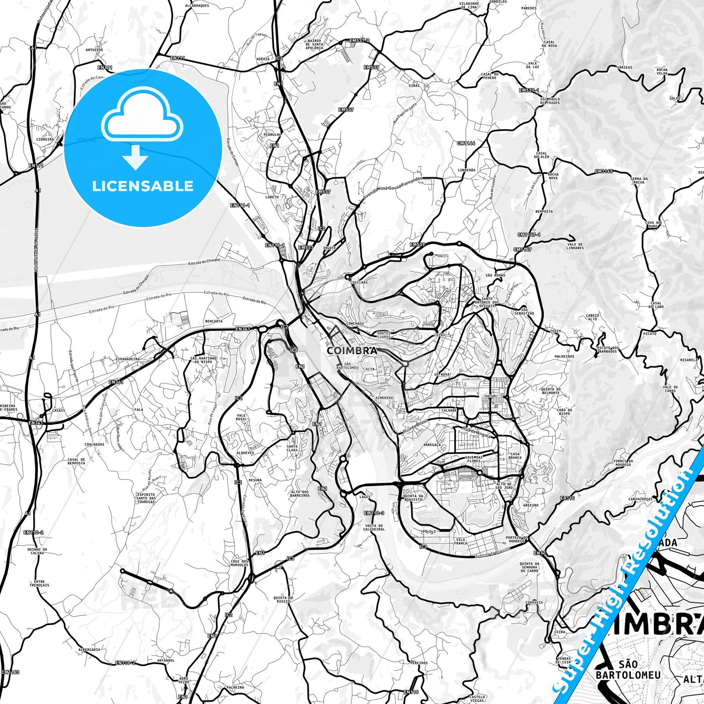 Coimbra, Portugal Light Map with Street Names, City Names, and Districts