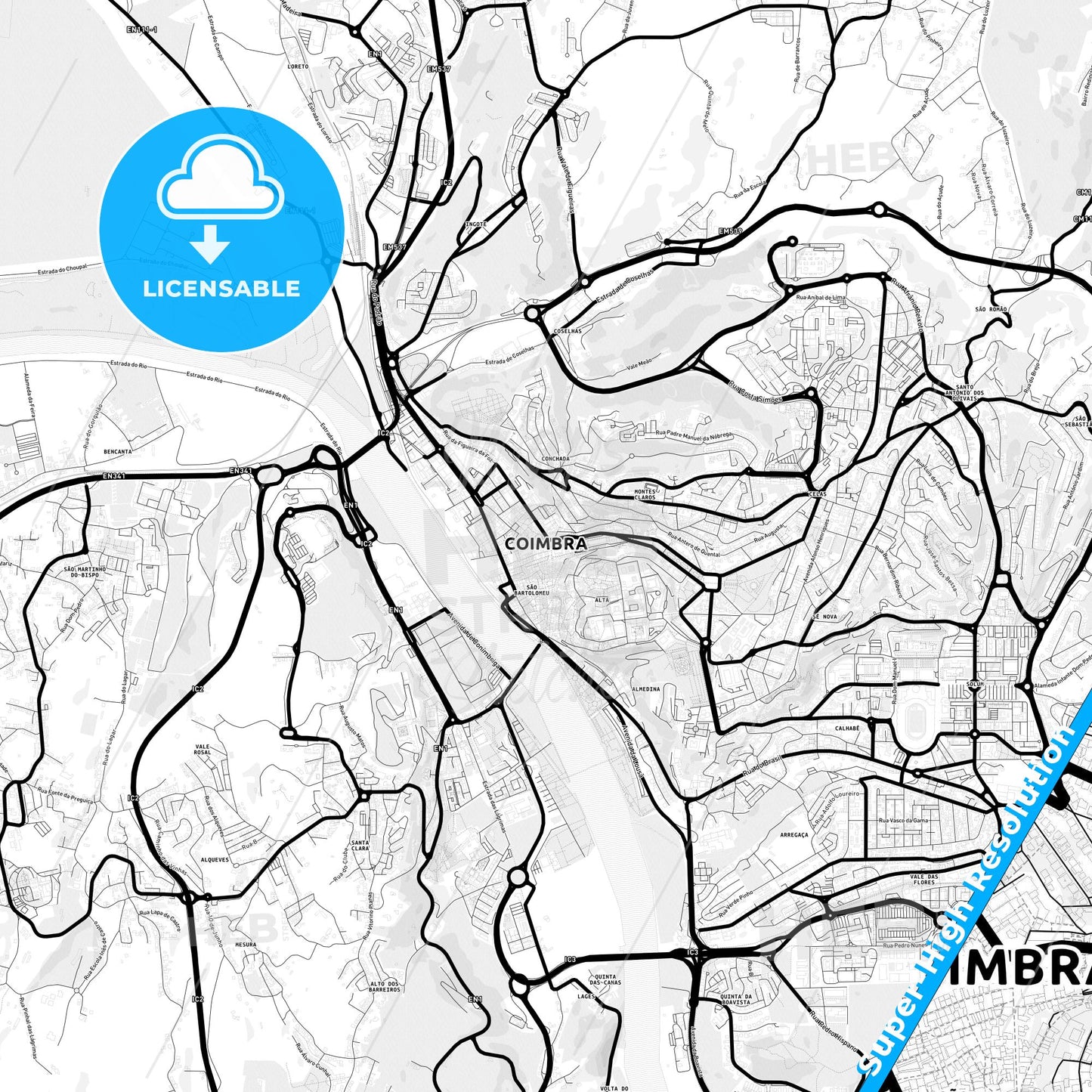 Coimbra, Portugal Light Map with Street Names, City Names, and Districts