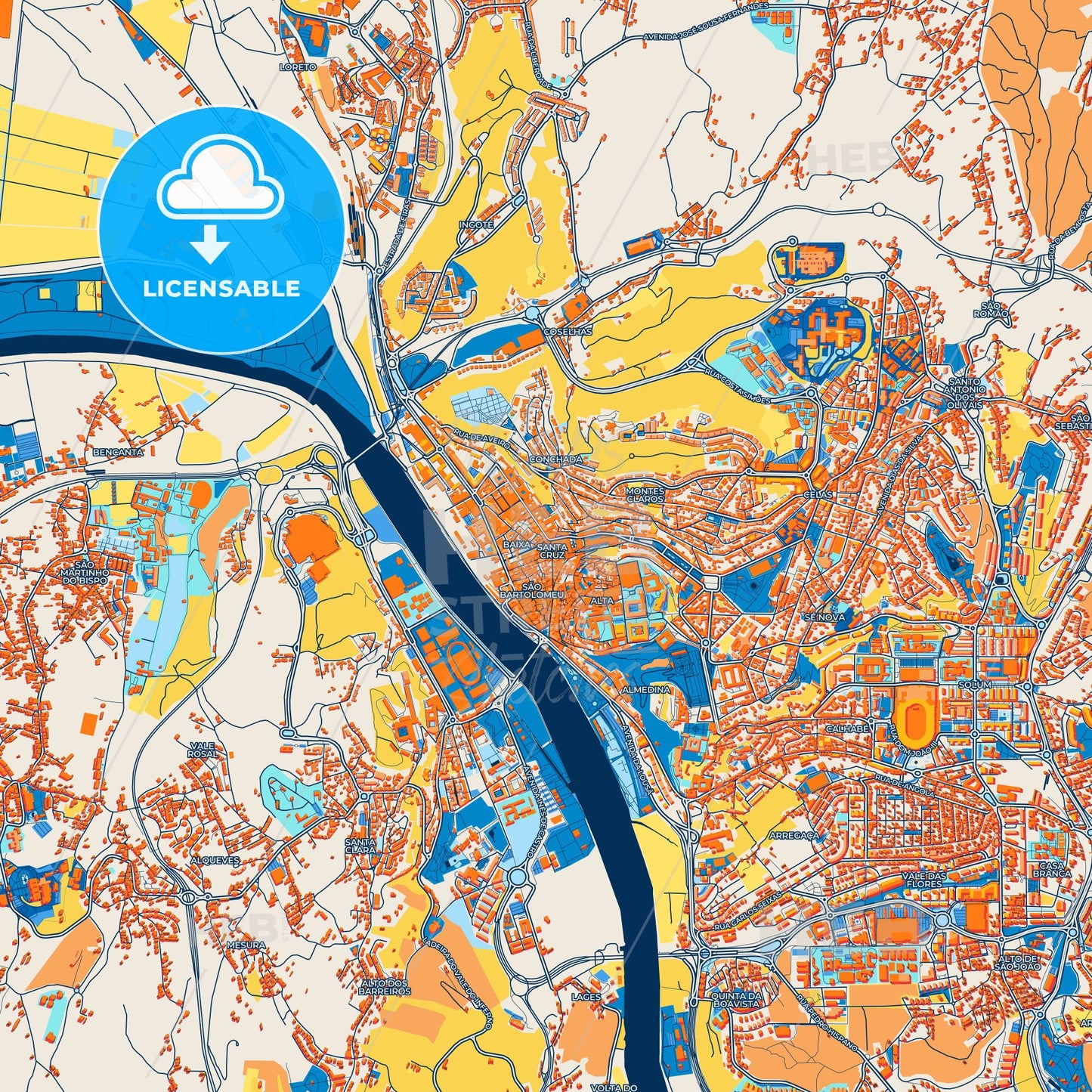 Colorful Coimbra Street Map with Labels and Buildings
