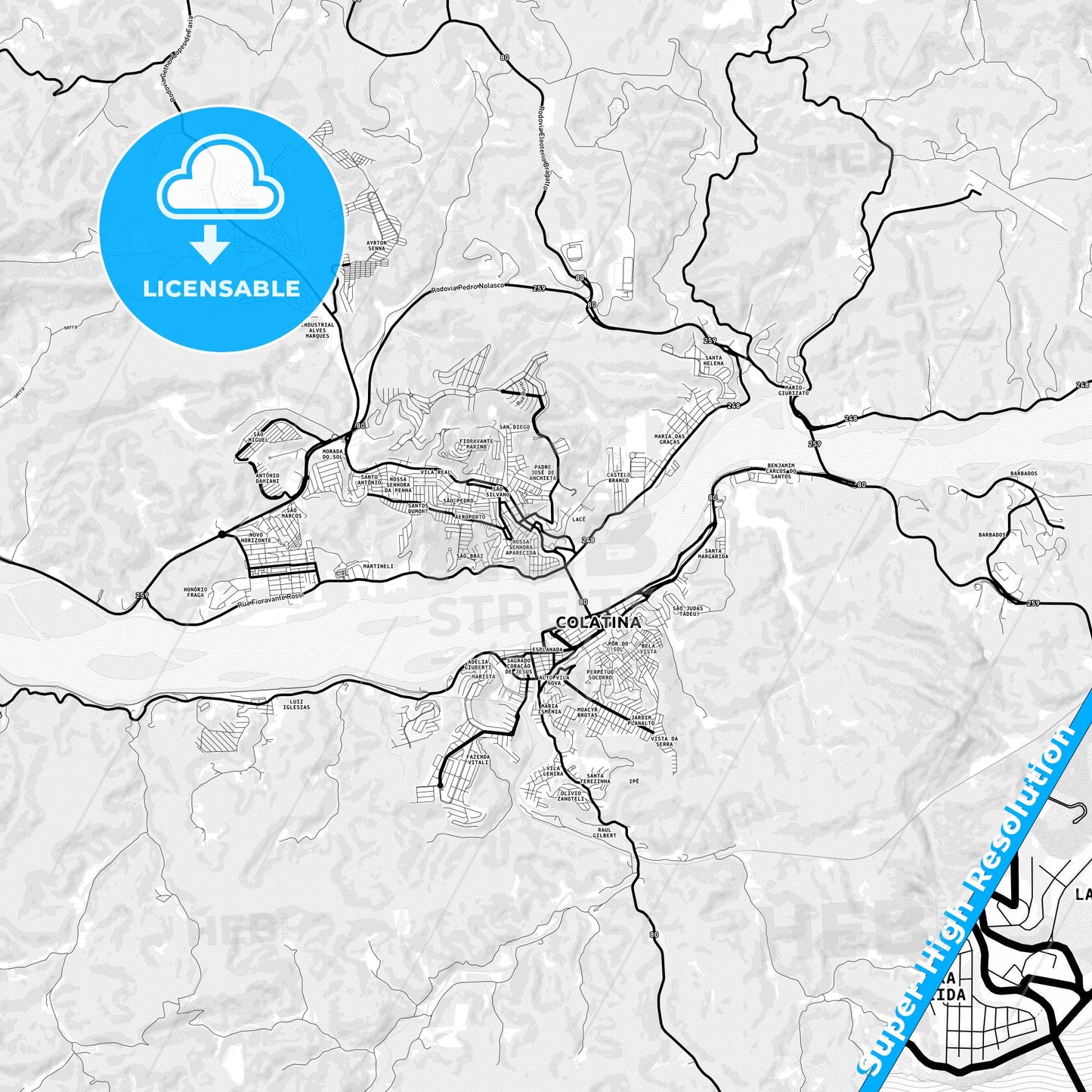 Colatina, Brazil Light Map with Street Names, City Names, and Districts