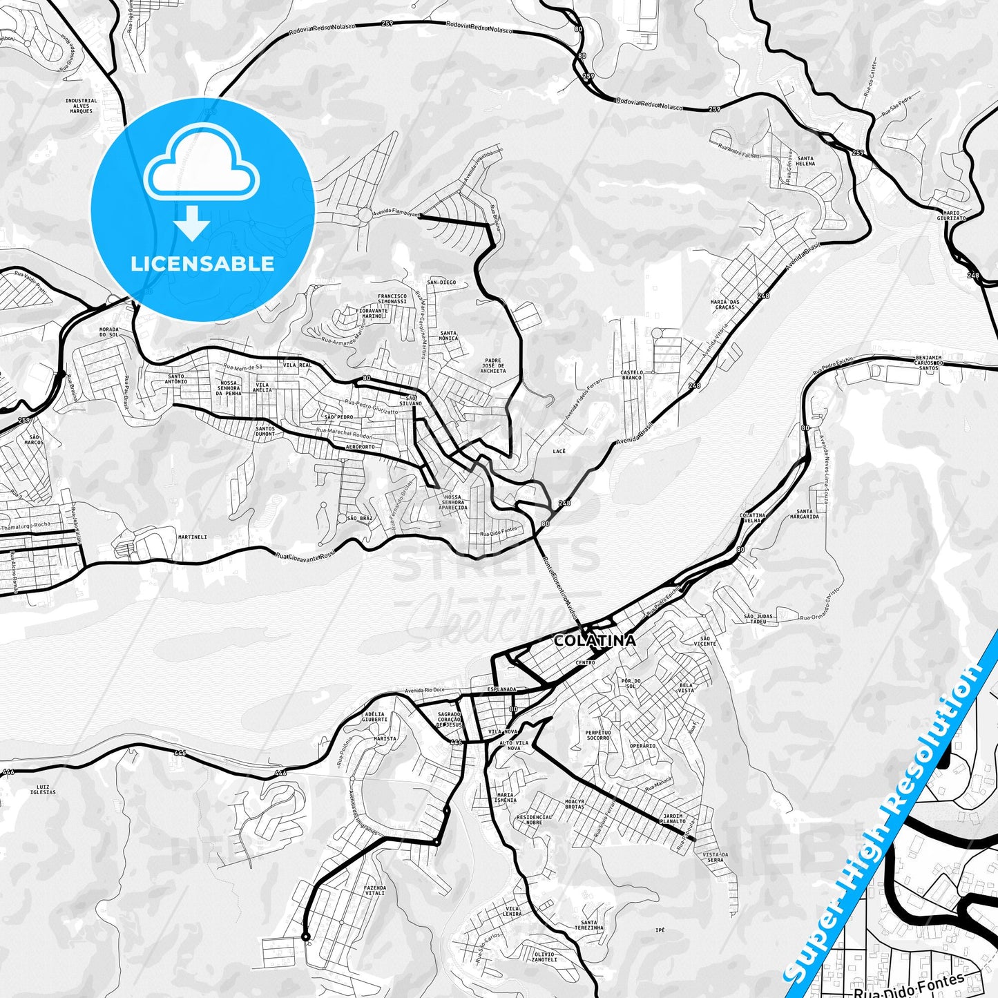 Colatina, Brazil Light Map with Street Names, City Names, and Districts