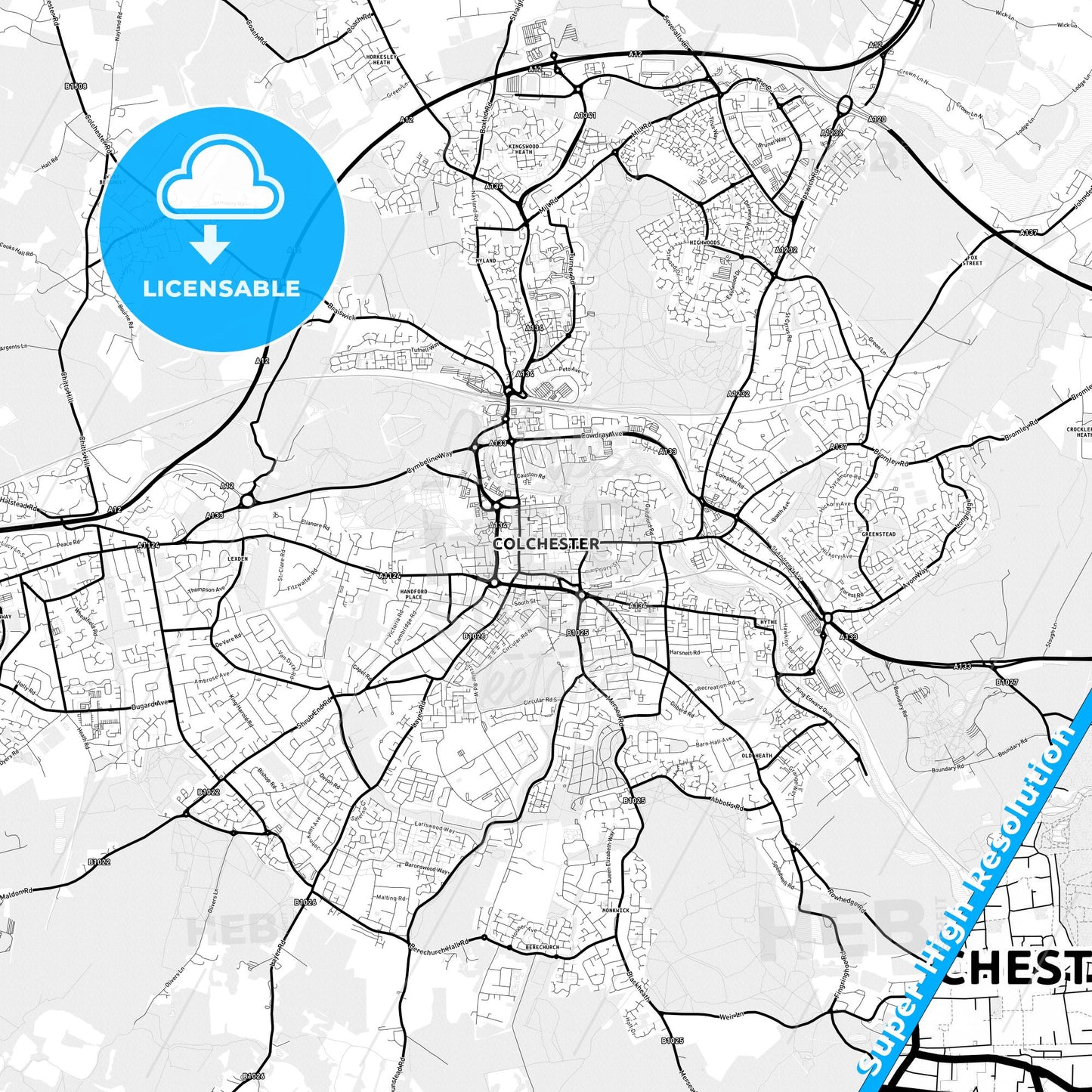 Colchester, England Light Map with Street Names, City Names, and Districts