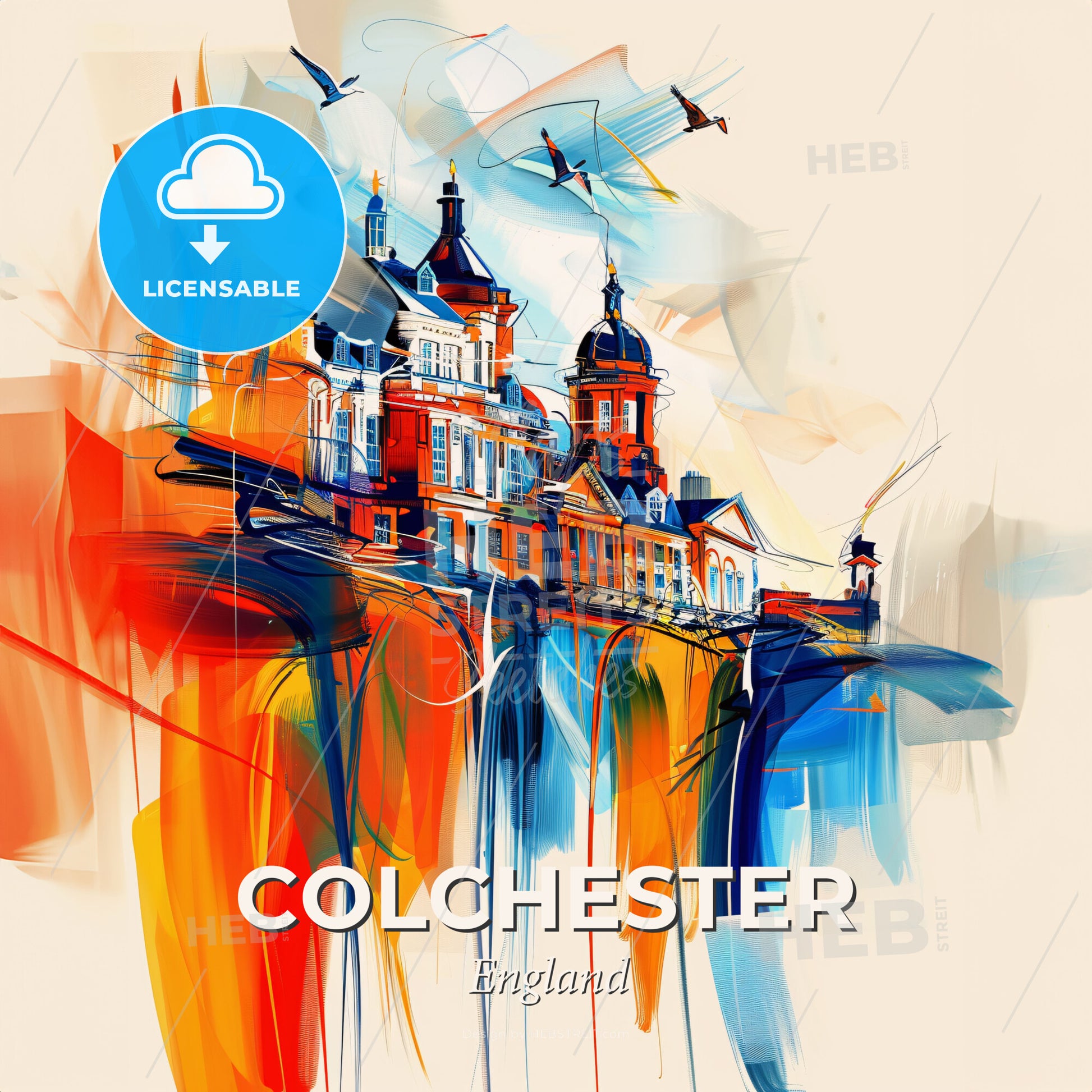 Vibrant Colchester, England - A Painting Of A Building With Birds Flying - Square format print template